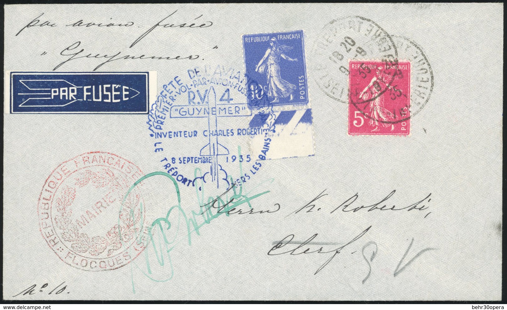 O 10c. + 5c. Semeuse Obl. S/lettre Frappée Du CàD LE TREPORT Du 9 Septembre 1935 + Cachet Bleu De La Fête De L'aviation  - Autres & Non Classés