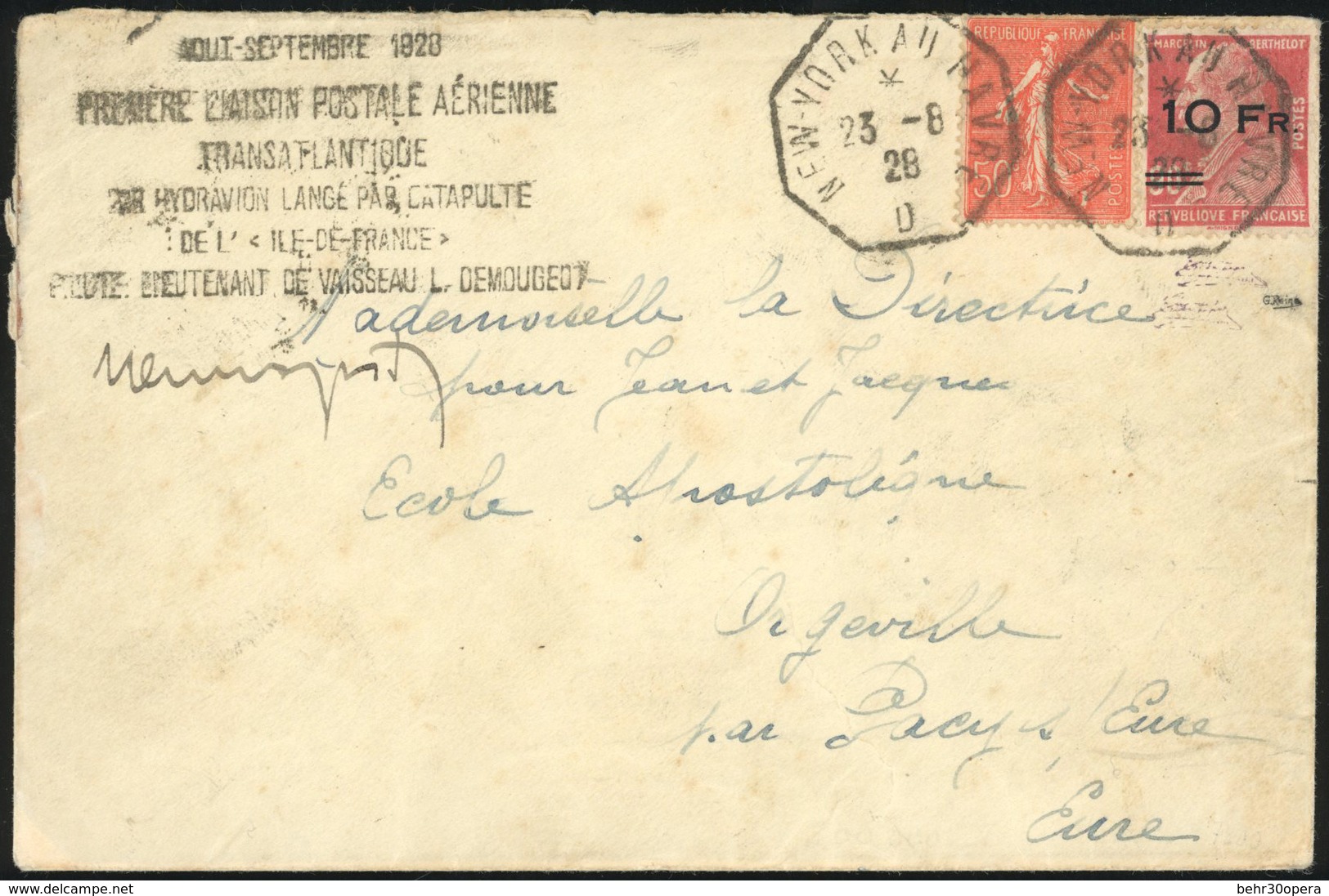 O N°3 - 10F. S/90c. Rouge Ile De France Obl. S/lettre Frappée Du Grand Cachet PREMIERE LIAISON POSTALE AERIENNE TRANSATL - Otros & Sin Clasificación