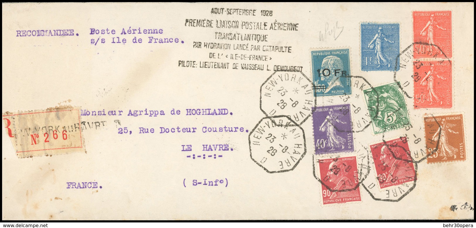 O N°4 - 10F. Pasteur Bleu, Extrêmement Bien Centré, Obl. S/lettre Recommandée, Frappée Du CàD De NEW YORK AU HAVRE Du 23 - Andere & Zonder Classificatie