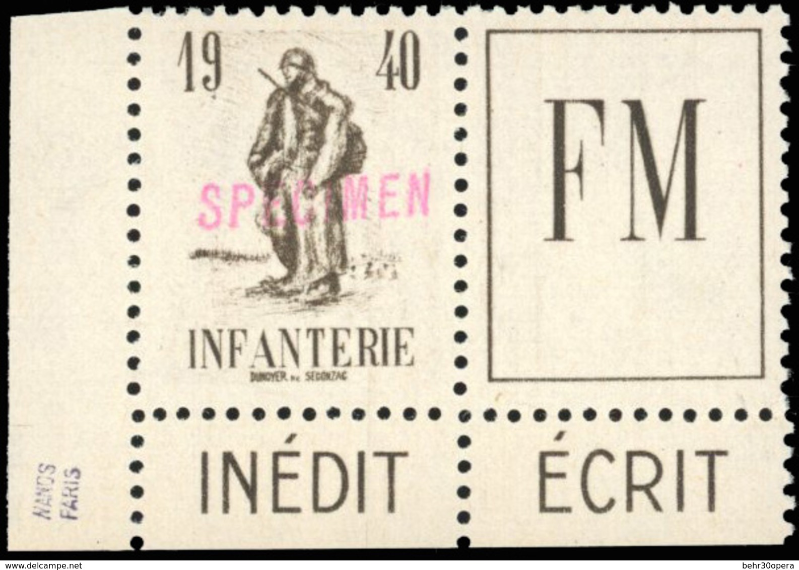 ** N°10A - F.M. Brun Attenant à Une Vignette + BdeF. Surcharg ''SPECIMEN''. TB. - Militärische Franchisemarken