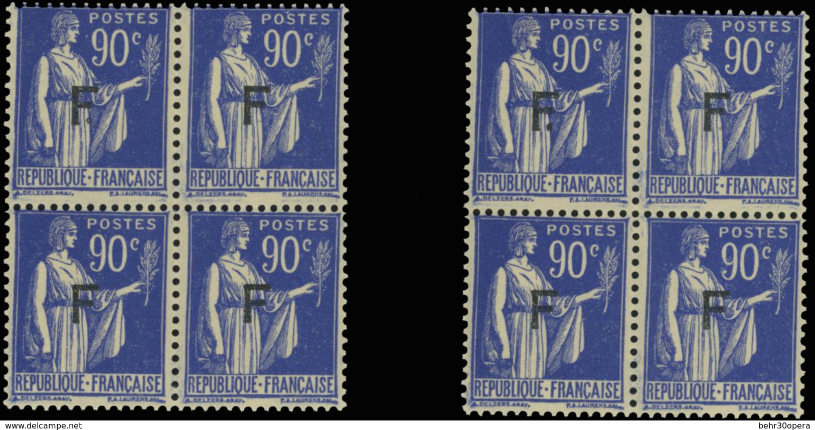 ** N°10 - 90c. Outremer. ''F'' Sans Point. Exemplaire Tenant à Normaux Dans Bloc De 4. Pièce Au Choix. TB. - Timbres De Franchise Militaire