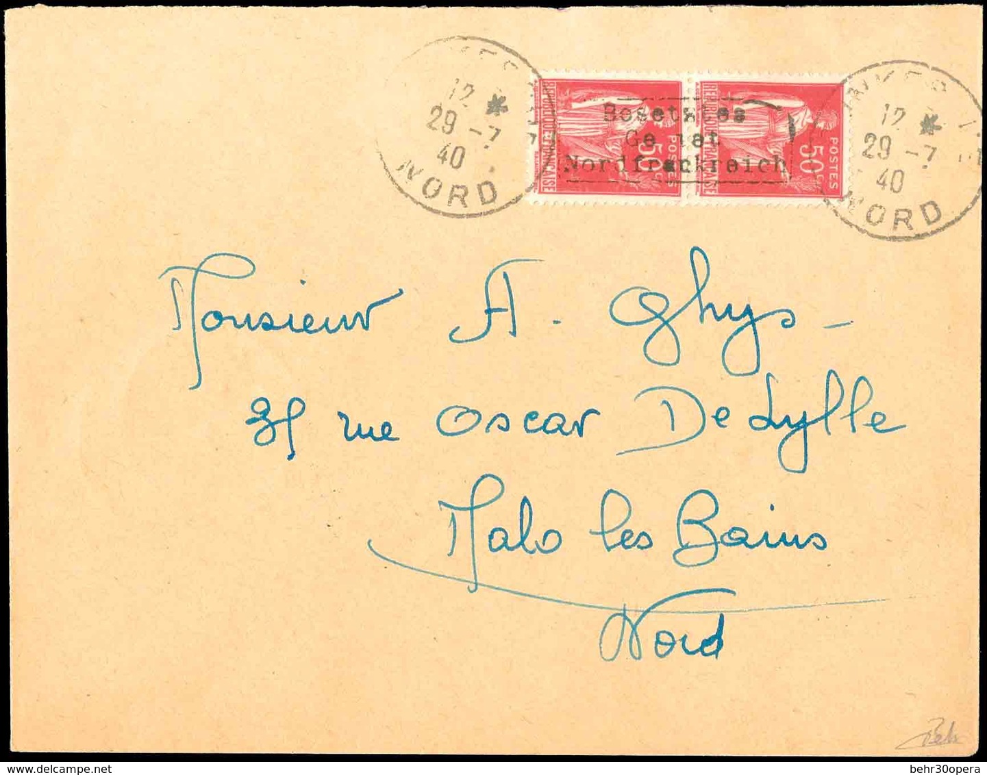 O N°3 - Paire Verticale Du 50c. Obl. S/lettre Frappée Du CàD Du 29 Juillet 1940 à Destination De MALO-LES-BAINS - NORD.  - Oorlogszegels