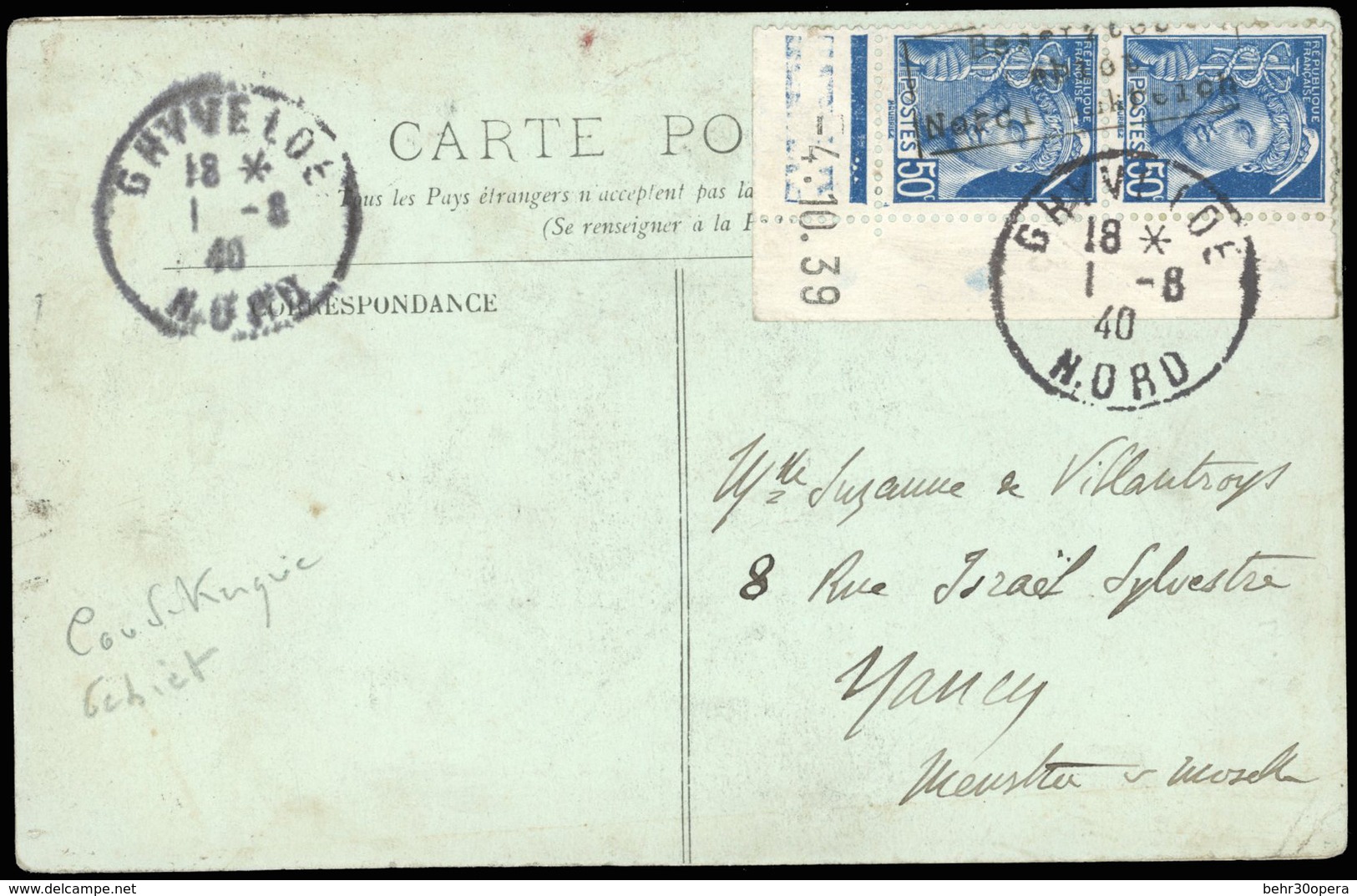 O N°7 - 50c. Bleu. Surcharge COUDEKERQUE Obl. Sur Carte Frappée Du CàD De GHYVELDE Du 1 AOUT 1940 à Destination De NANCY - War Stamps