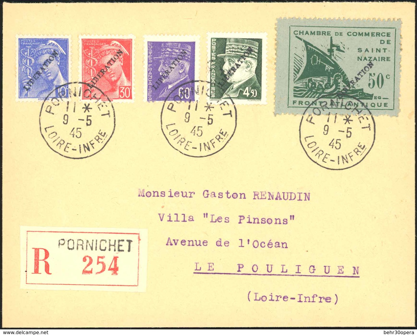 O N°9 - + France N°509 + 523 + 546 + 547. 4 Valeurs Surch. ''LIBERATION'' Obl. S/lettre Recommandée Frappée Du CàD De PO - Guerre (timbres De)