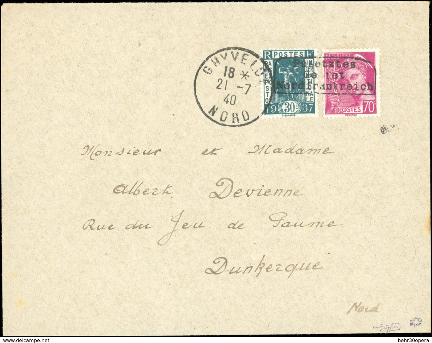 O N°323416 - 30c. Vert-bleu + 70c. Lilas-rose Surcharge DUNKERQUE Obl. Sur Lettre Frappée Du CàD De GHYVELDE Du 21 JUILL - Oorlogszegels