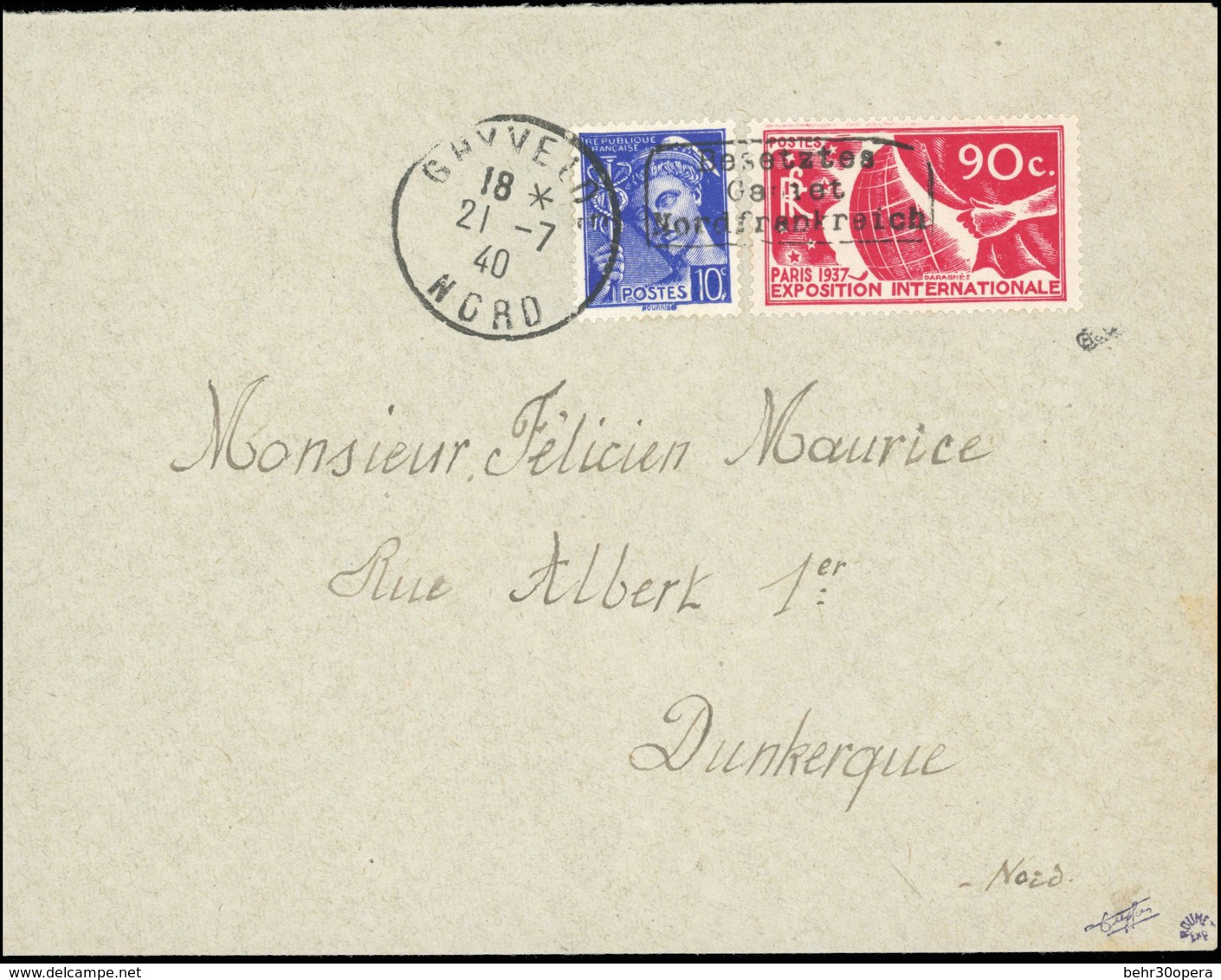 O N°326407 - 10c. Bleu + 90c. Rouge Surcharge DUNKERQUE Obl. Sur Lettre Frappée Du CàD De GHYVELDE Du 21 JUILLET 1940 à  - Oorlogszegels