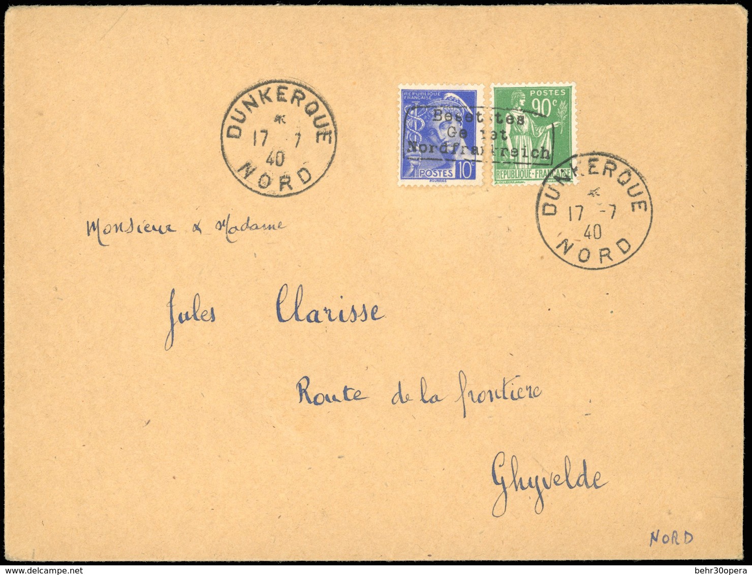 O N°367407 - 90c. Vert + 10c. Bleu Obl. Sur Lettre Frappée Du Cachet De Dunkerque + CàD De DUNKERQUE Du 17.7.40 à Destin - Oorlogszegels