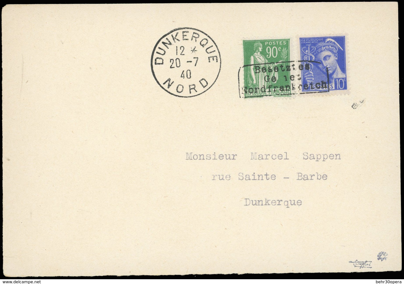 O N°367407 - 10c. Bleu + 90c. Vert Surcharge DUNKERQUE Obl. Sur Lettre Frappée Du CàD De DUNKERQUE Du 20 JUILLET 1940 à  - Sellos De Guerra