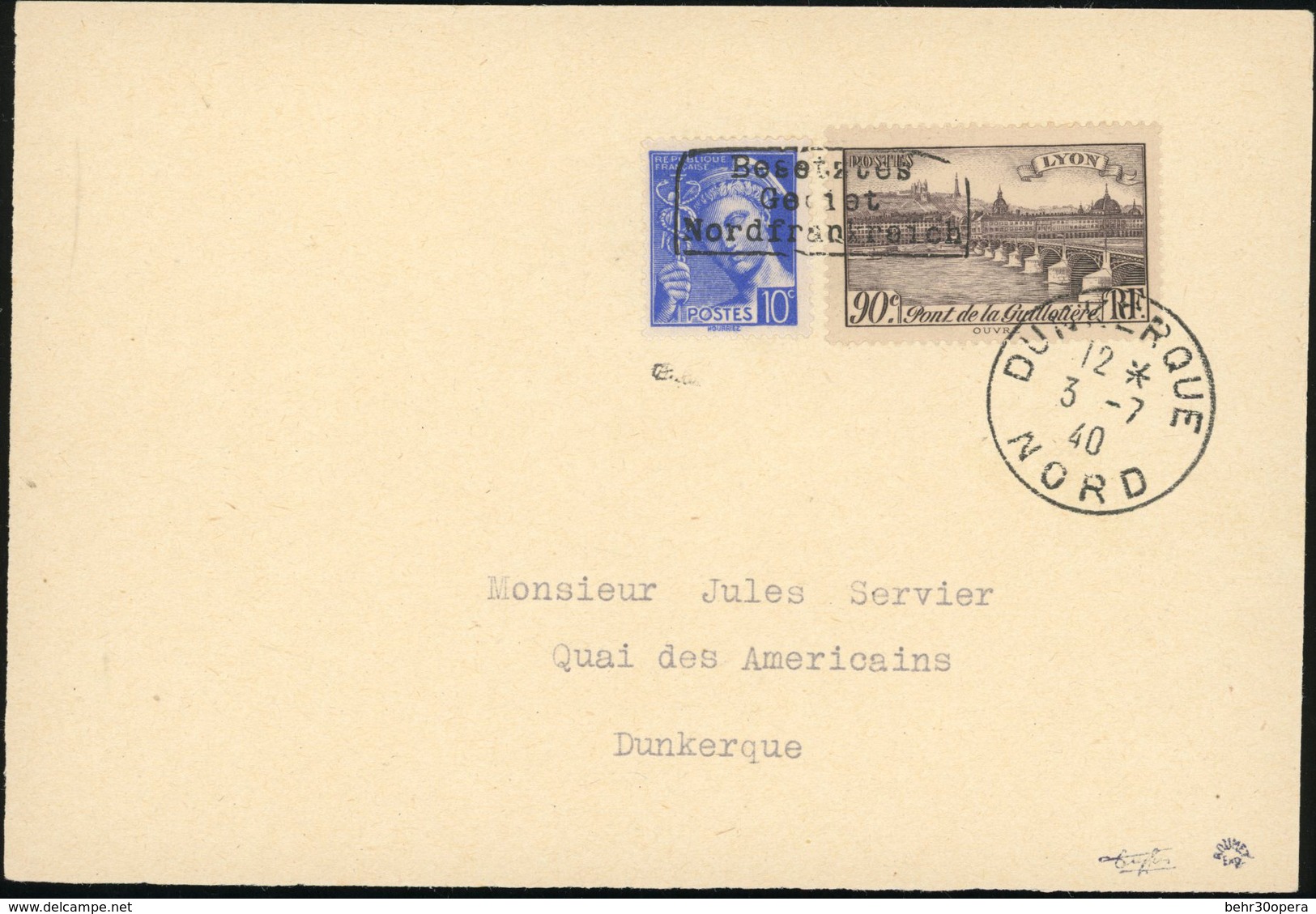 O N°407450 - 10c. Bleu + 90c. Brun-violet Surcharge DUNKERQUE Obl. Sur Lettre Frappée Du CàD De DUNKERQUE Du 03 JUILLET  - Oorlogszegels