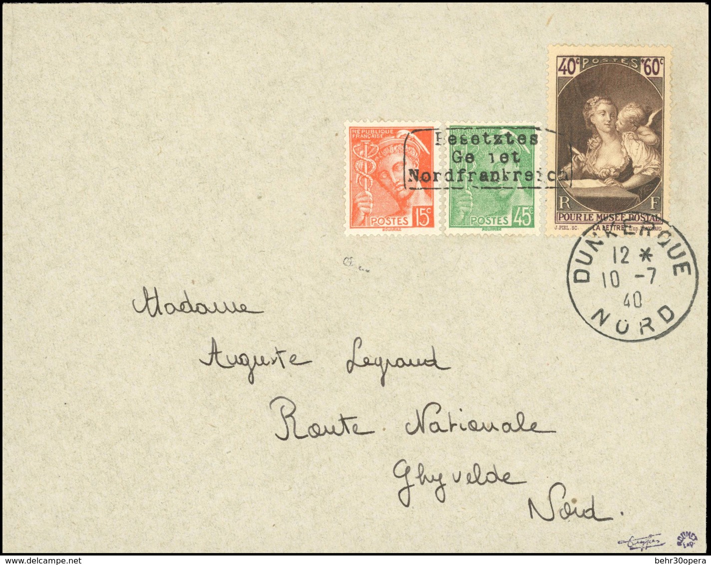 O N°408860 - 15c. Orange + 45c. Vert + 40c. Brun Surcharge DUNKERQUE Obl. Sur Lettre Frappée Du CàD De DUNKERQUE Du 10 J - Guerre (timbres De)