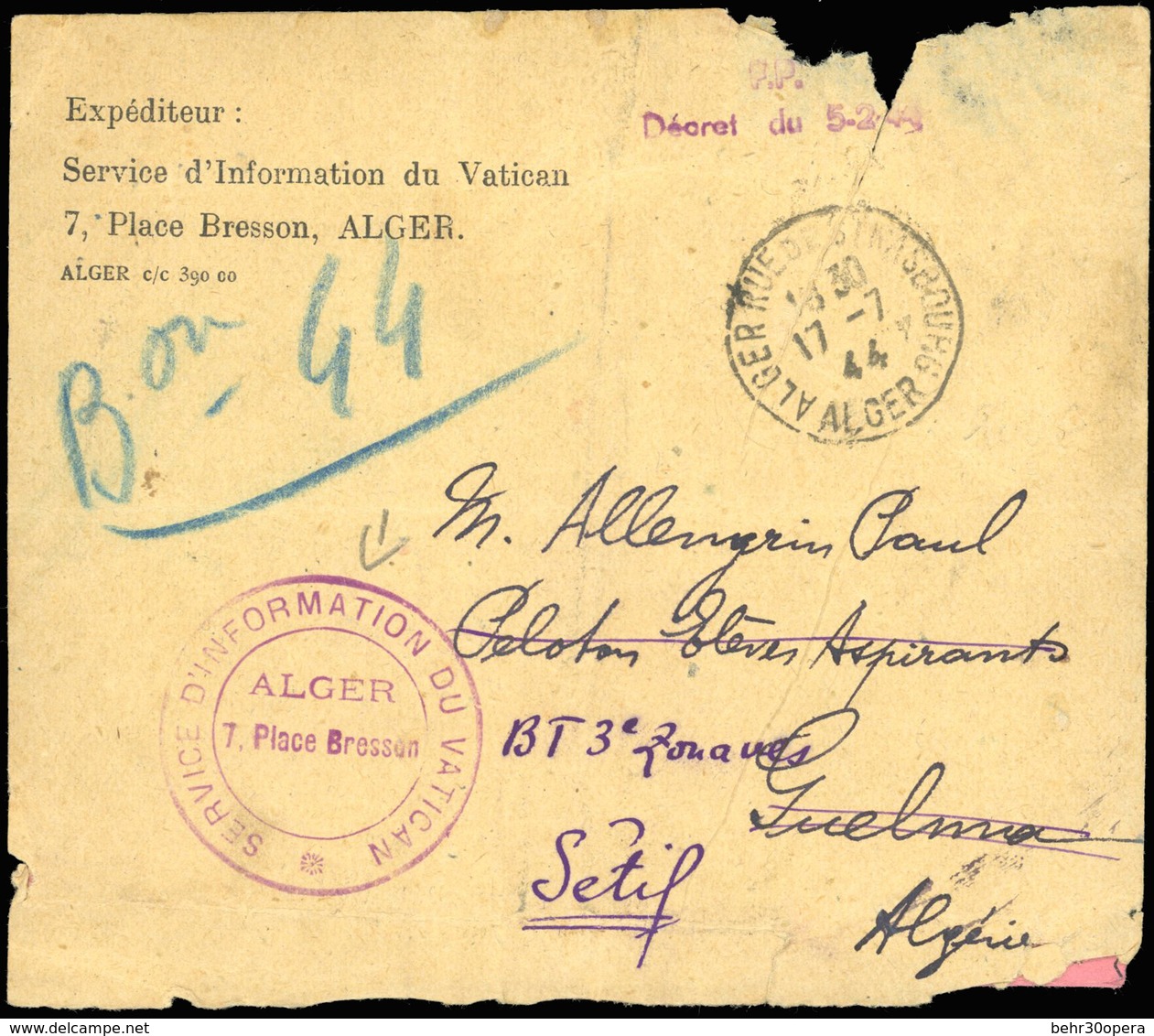 O Lettre Officielle Du ''SERVICE D'INFORMATION DU VATICAN'' à ALGER Frappée Du CàD D'ALGER Du 17 Septembre 1944 à Destin - Liberación