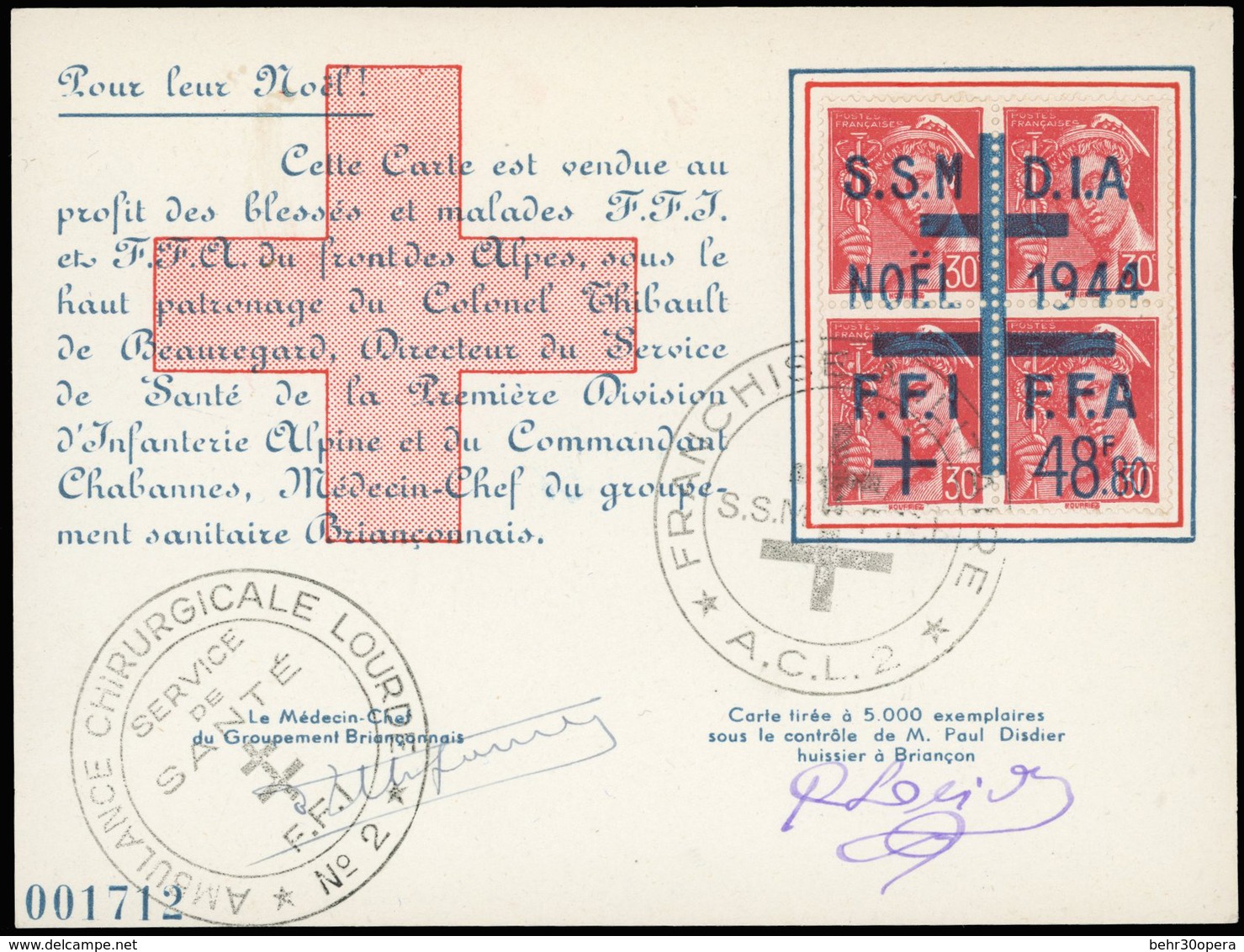 O 30c. Mercure Rouge, Bloc De 4, Obl. Croix De Lorraine NOEL 1944 - F.F.I - F.F.A S/carte Frappée Du Grand Cachet ''FRAN - Bevrijding