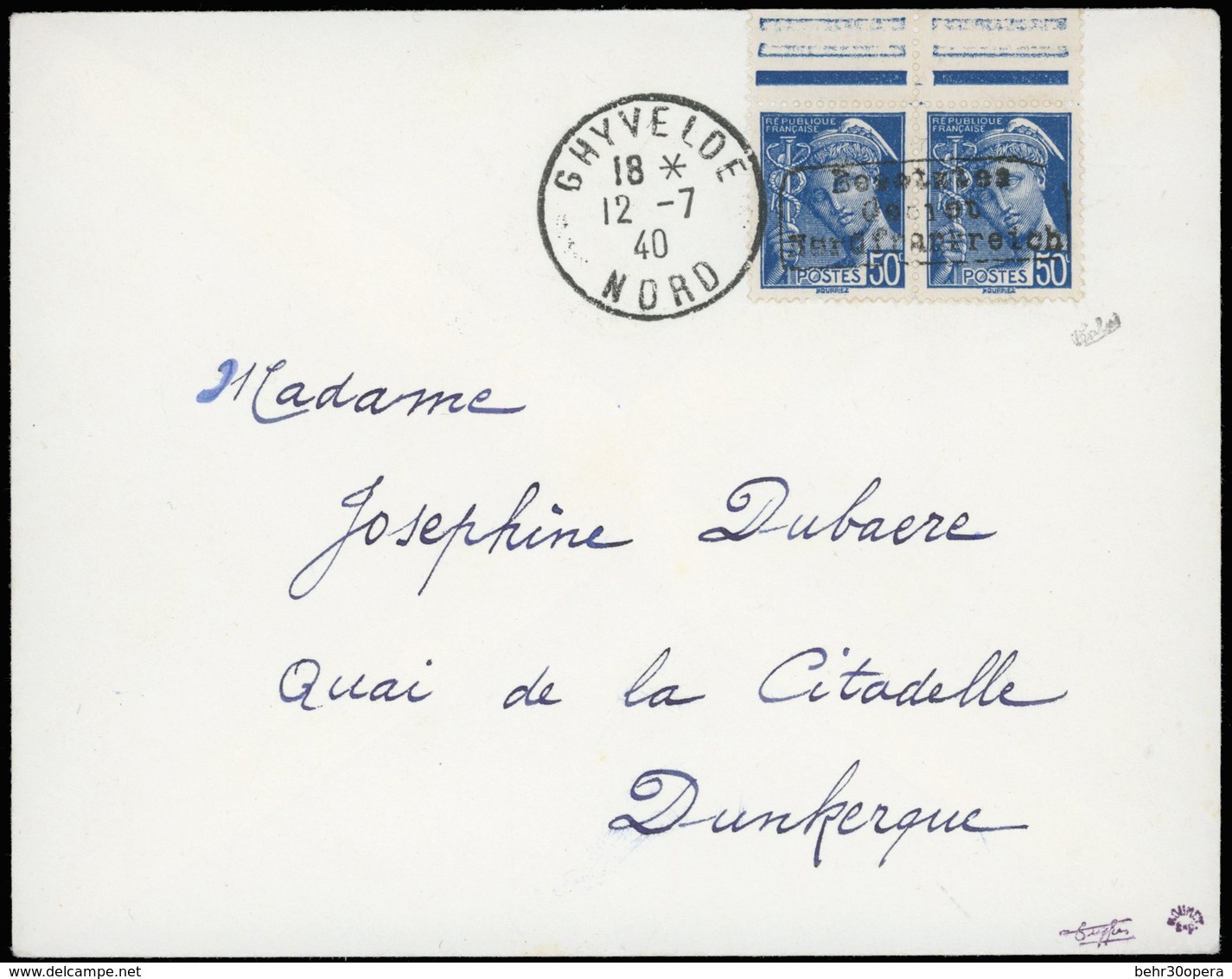 O N°4 - Paire Du 50c. Bleu, Obl. S/lettre Frappée Du CàD De GHYVELDE Du 12 Juillet 1940 à Destination De DUNKERQUE. Arri - Libération