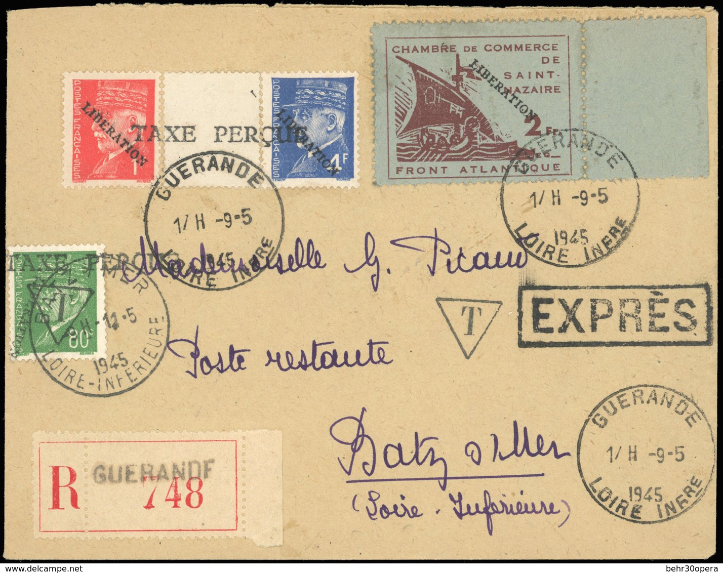 O N°9 - 2F. Brun-lilas S/vert-pâle + 80c. Vert + 1F. Rouge + 4F. Bleu Pétain Surch. ''LIBERATION'' S/lettre Recommandée  - Liberación