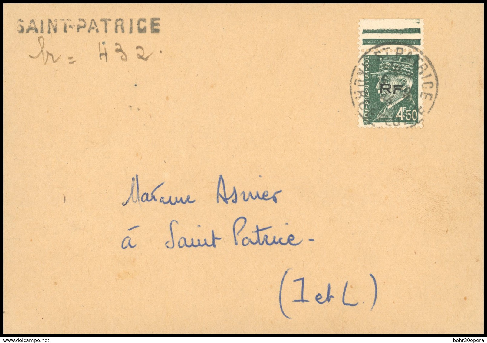 O N°523 - 4F.50 Pétain, Surch. ''RF'', HdeF, Obl. S/lettre Recommandée Frappée Du CàD De SAINT-PATRICE - INDRE-ET-LOIRE  - Befreiung