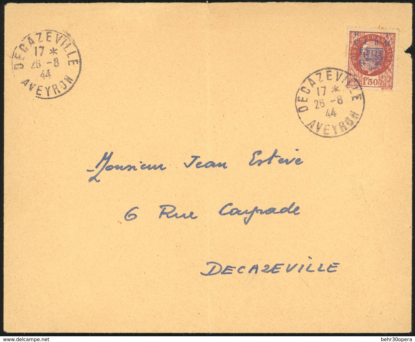 O N°6 - DECAZEVILLE. 1F.50 Brun-rouge, Type I Obl. S/lettre Locale Frappée Du CàD De DECAZEVILLE Du 26 Août 1944. TB. - Liberación
