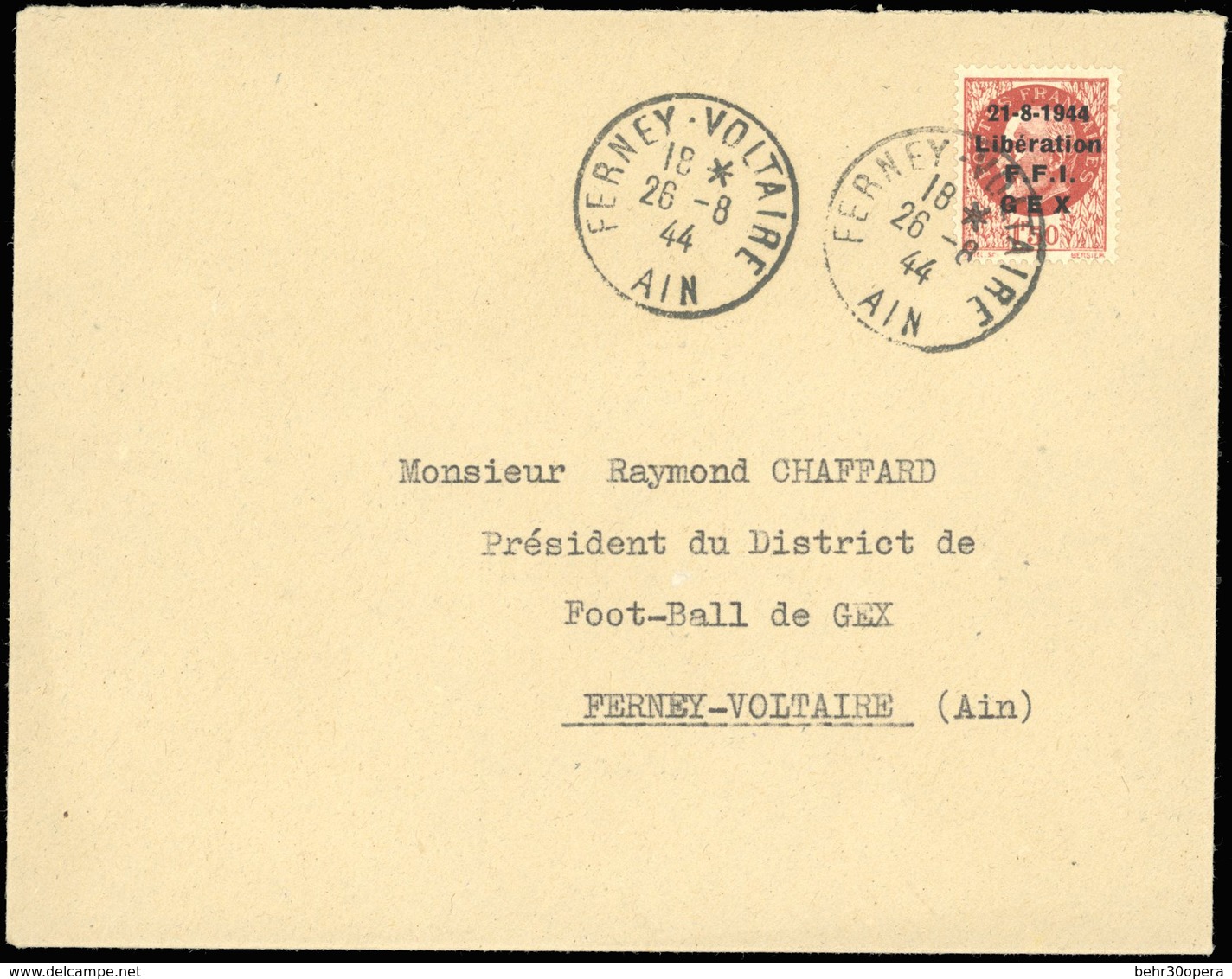 O N°5 - GEX. 1F.50 Brun-rouge Obl. S/lettre Locale Frappée Du CàD De FERNEY-VOLTAIRE - AIN Du 26 Août 1944. TB. - Liberation