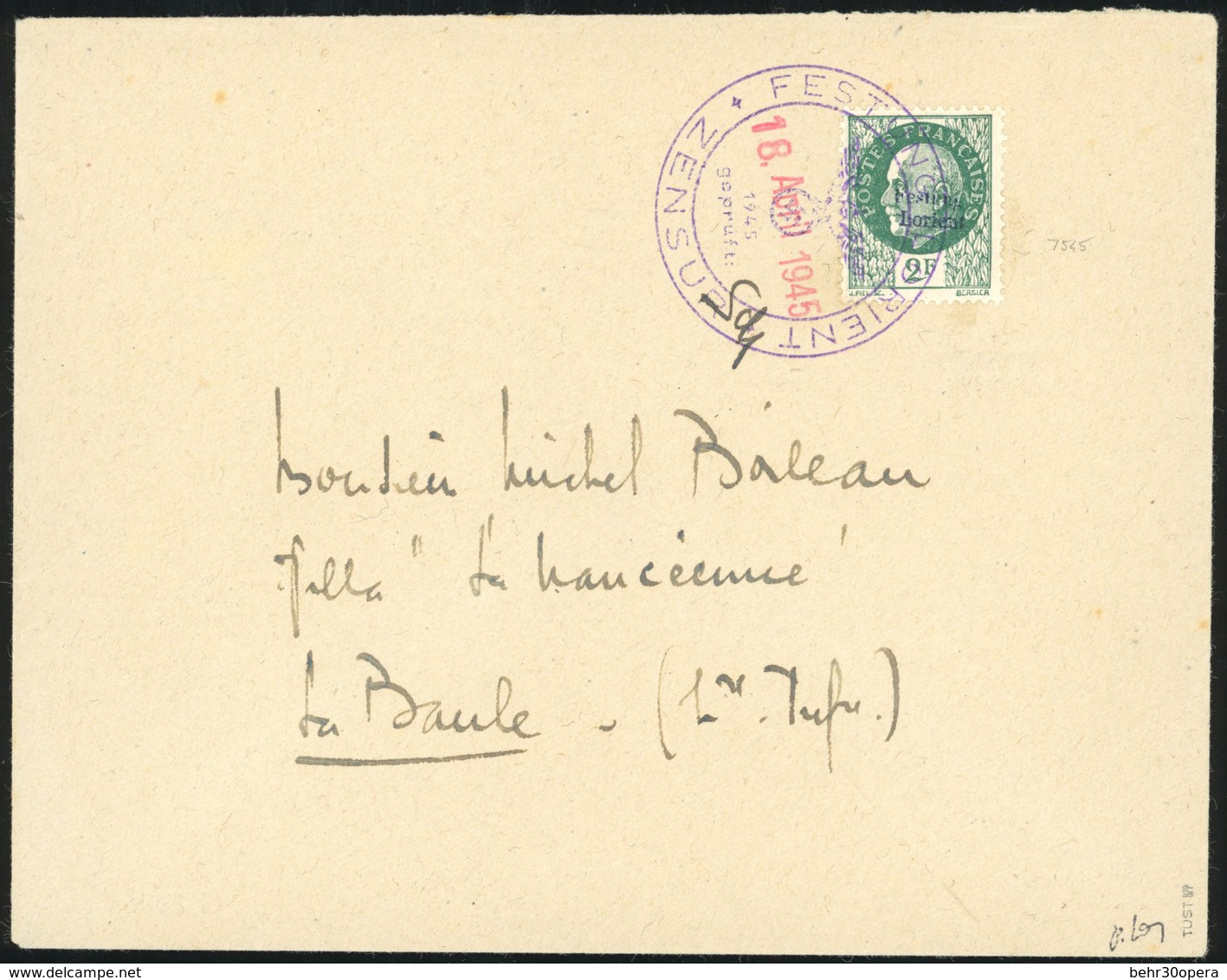 O N°11 - LORIENT. 2F. Vert Obl. S/lettre Frappée Du CàD De FESTUNG - LORIENT Du 18 Avril 1945 à Destination De LA BAULE. - Liberación