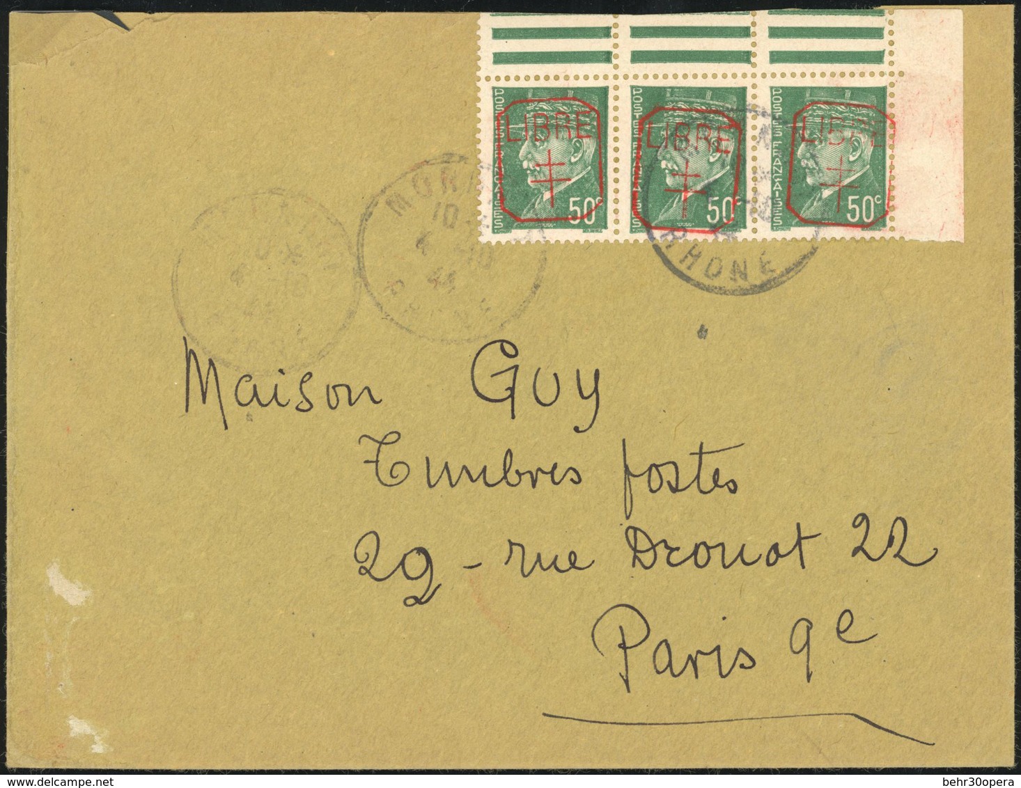 O N°1X 3 - MORNANT. Bande De 3 Du 50c. Vert, Avec Coin De Feuille, Surcharge Rouge Obl. S/lettre Frappée Du CàD De MORNA - Liberación