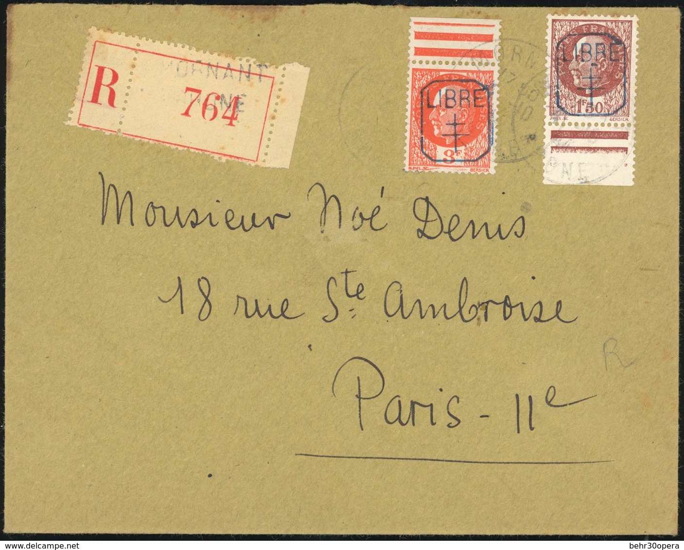 O N°912 - MORNANT. 1F.50 Brun-rouge + 3F. Orange, Pétain, BdeF, S/lettre Recommandée Frappée Du CàD De MORNANT à Destina - Libération