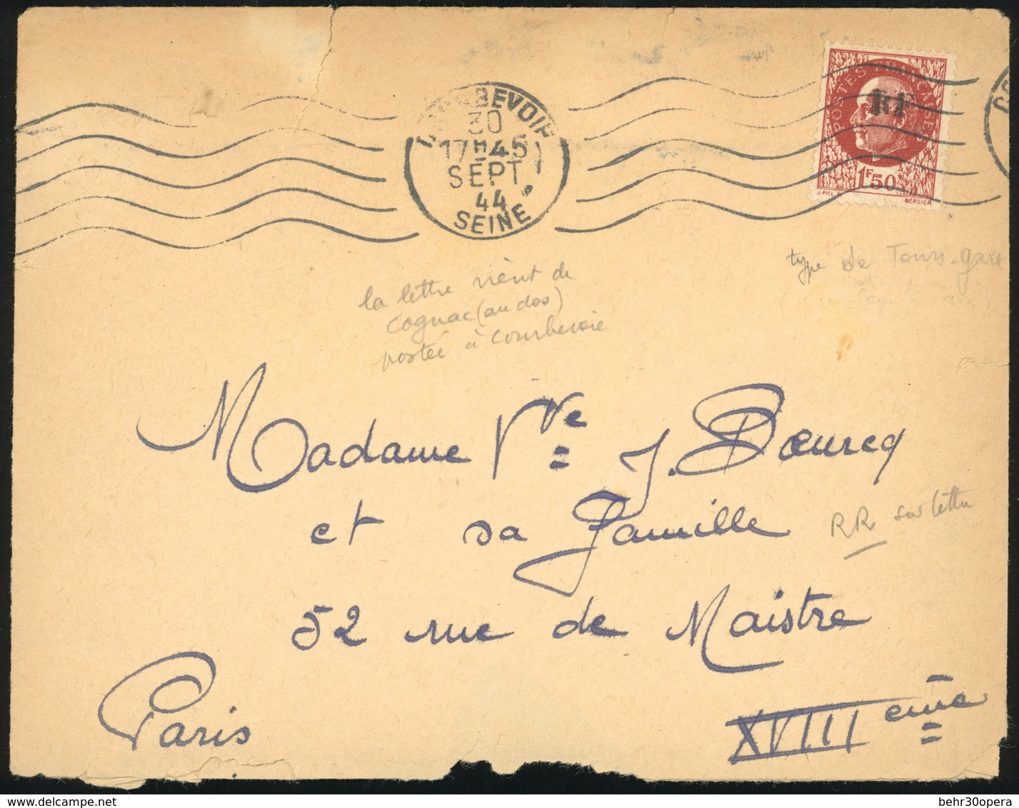 O N°6 - TOURS. 1F.50 Brun-rouge Obl. S/lettre Frappée Du CàD De COURBEVOIE Du 30 Septembre 1944 à Destination De PARIS.  - Libération