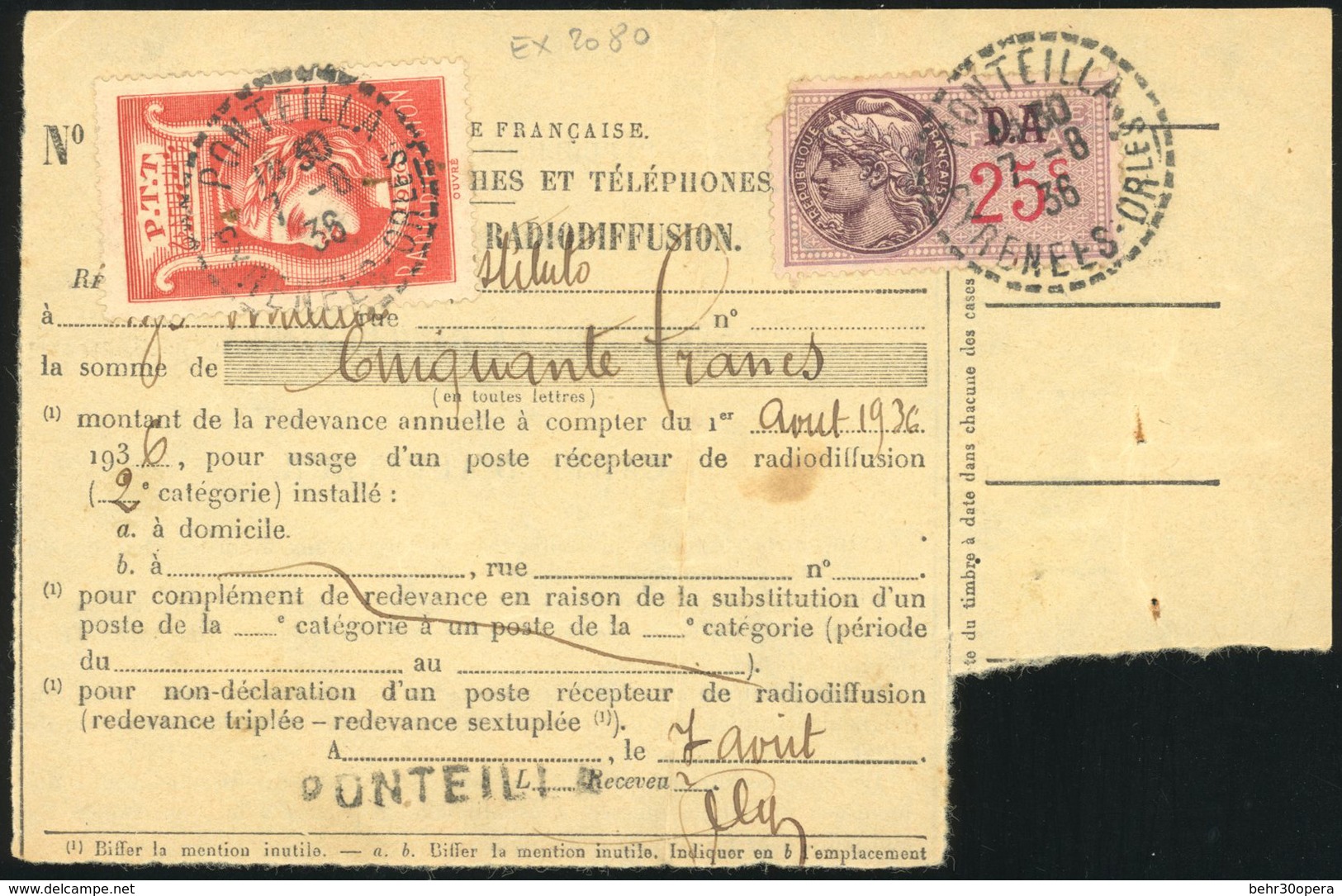 O N°2 - Timbre De 1936 S/document Du Service De La Radiodiffusion Frappé Du CàD De PONTEILLA PYRENEES ORLES Du 7 Août 19 - Radiodiffusione