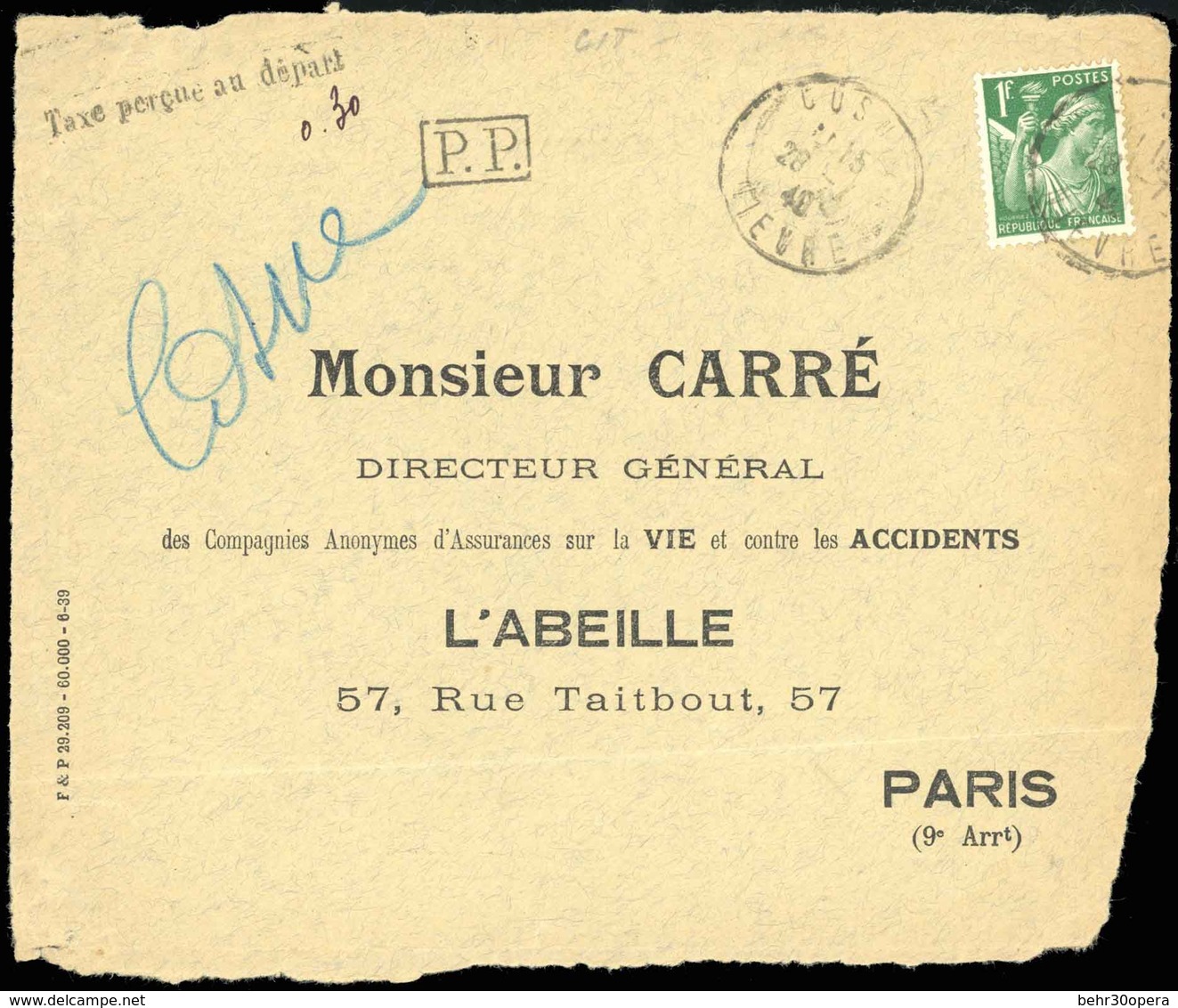 O TAXE - AFFRANCHISSEMENT EXCEPTIONNEL. 1940. La France Envahie. Devant De Lettre Affranchie à L'aide Du 1F. Iris Et Du  - Other & Unclassified