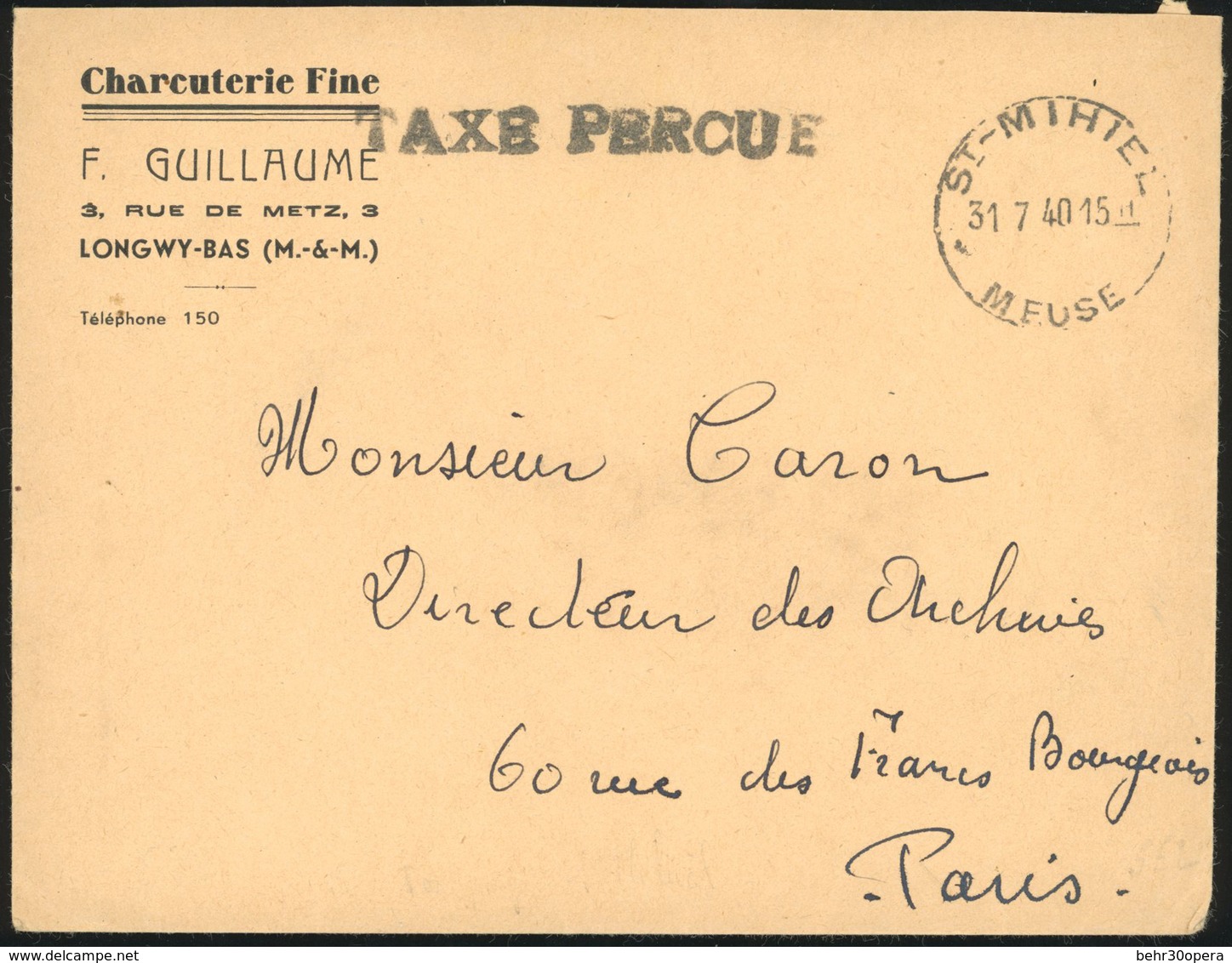 O TAXE - AFFRANCHISSEMENT EXCEPTIONNEL. 1940. La France Envahie. Lettre Affranchie à L'aide Du Cachet à Sec ''TAXE PERCU - Autres & Non Classés