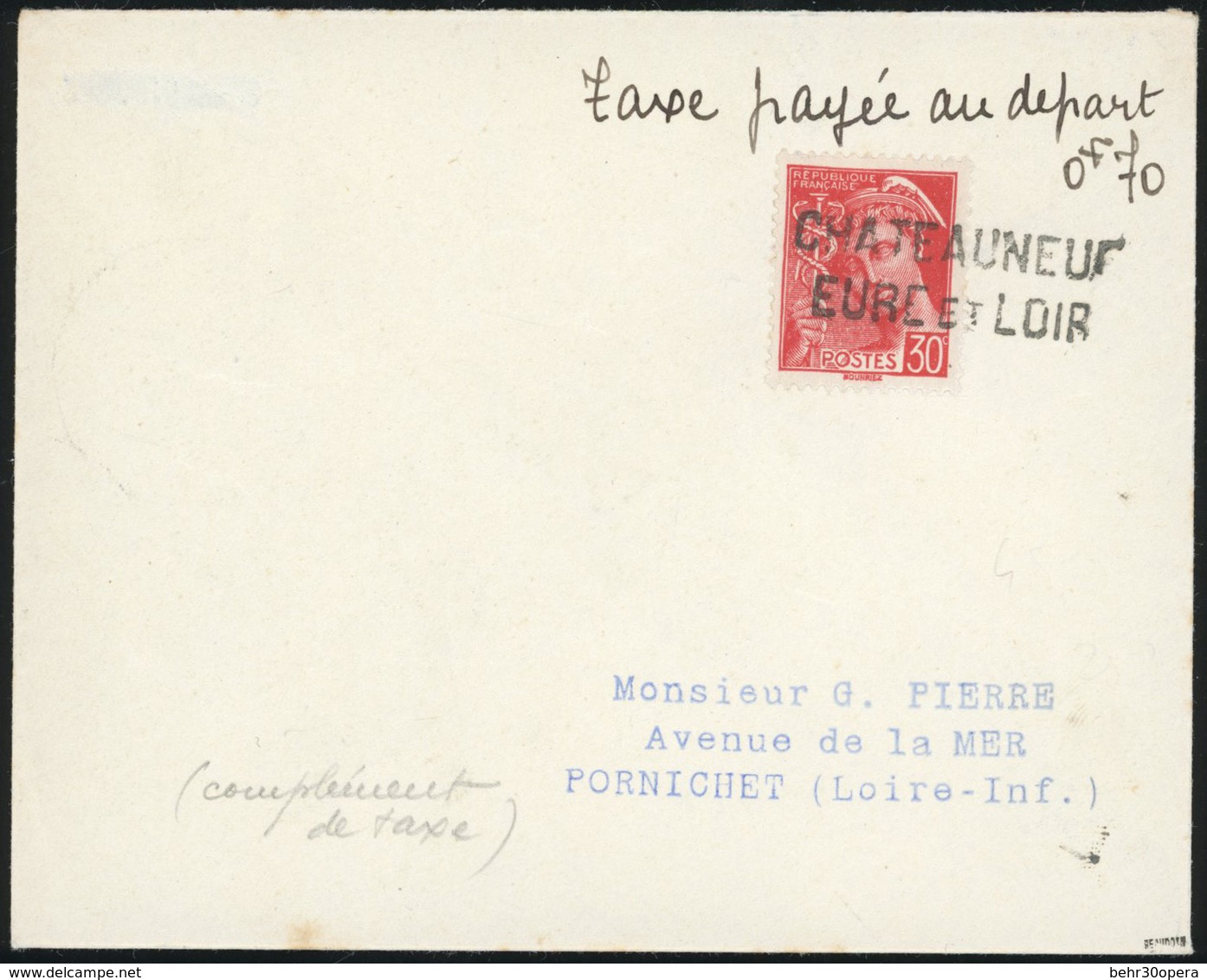 O TAXE - AFFRANCHISSEMENT EXCEPTIONNEL. 1940. La France Envahie. Lettre Affranchie à L'aide Du 30c. Mercure Frappée Du C - Andere & Zonder Classificatie