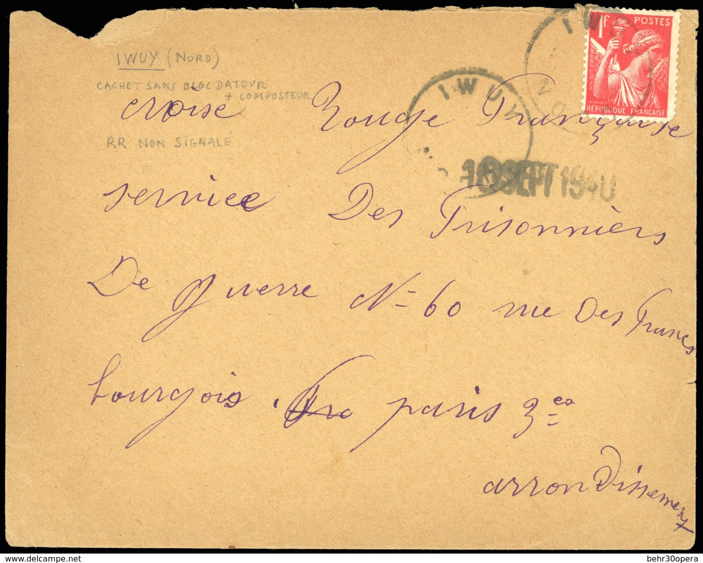 O TAXE - AFFRANCHISSEMENT EXCEPTIONNEL. 1940. La France Envahie. Lettre Affranchie à L'aide Du 1F. Iris Frappée Du Cache - Autres & Non Classés