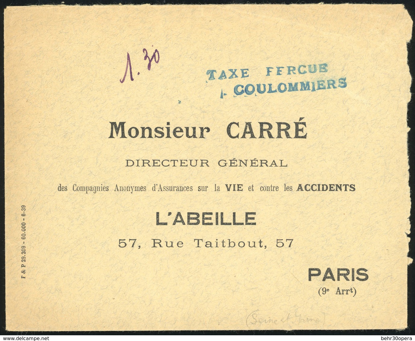 O TAXE - AFFRANCHISSEMENT EXCEPTIONNEL. 1940. La France Envahie. Lettre Affranchie à L'aide Du Tampon à Sec ''TAXE PERCU - Autres & Non Classés