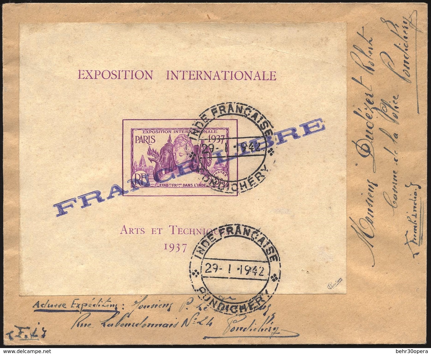 O N°2 - Bloc De L'exposition De 1937 Obl. De PONDICHERY Du 2 Janvier 1942 S/lettre Recommandée. SUP. - Other & Unclassified