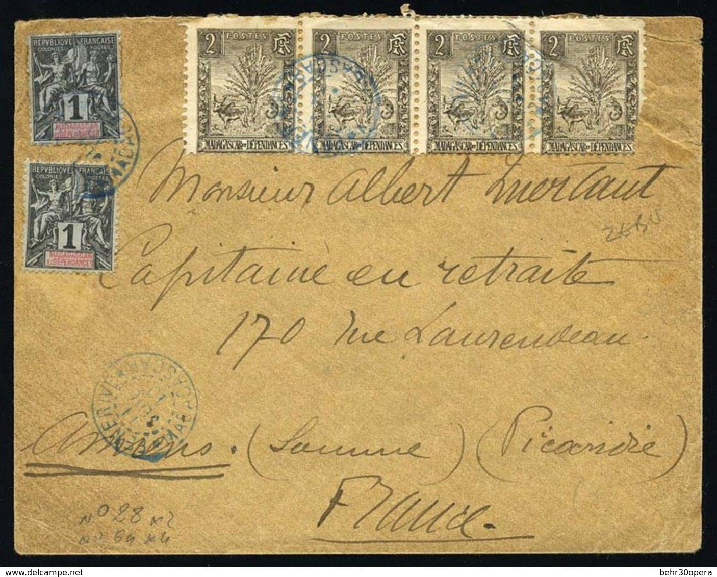 O N°28x2 + 64x4 - 1c. Noir S/azuré X 2 + Bande De 4 Du 2c. Gris-brun Obl. S/lettre Frappée Du CàD De MADAGASCAR Du 11 Ju - Other & Unclassified