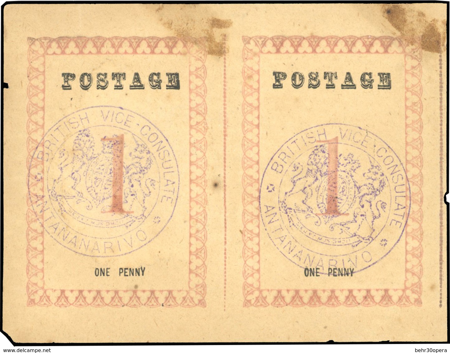 (*) N°21 - 1d. Rose. Paire. Cachet ''BRITISH VICE-CONSULATE ANTANANARIVO'' En Violet. Sans Point Après ''POSTAGE'' Et '' - Autres & Non Classés