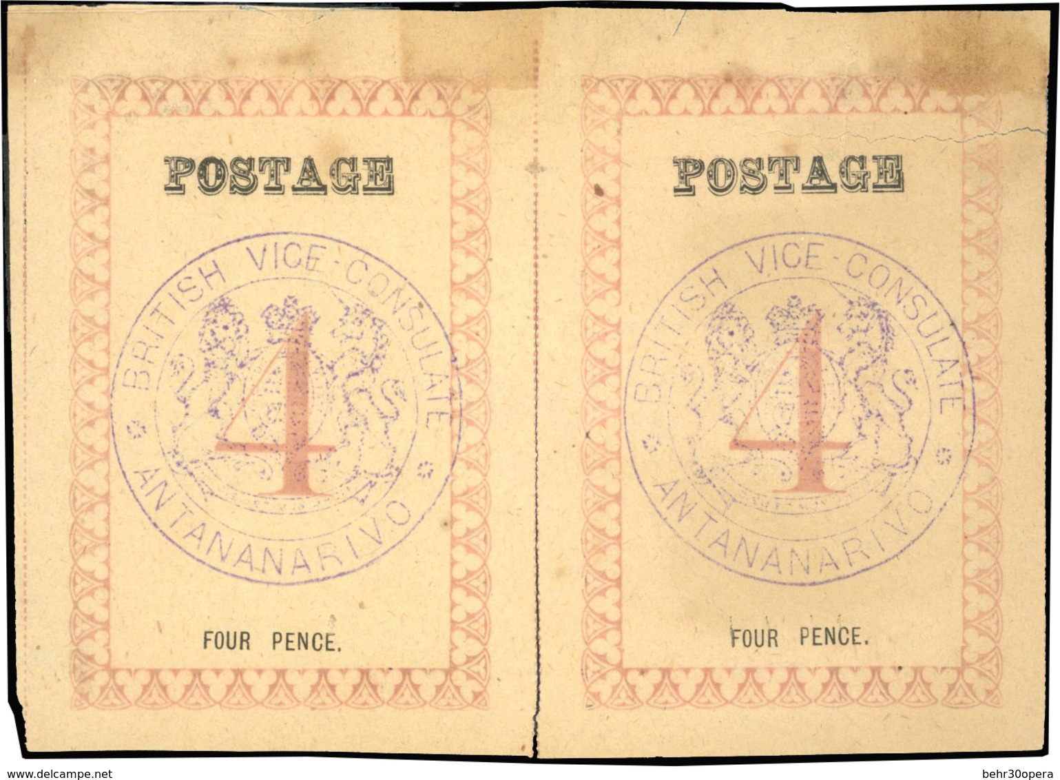 (*) N°26 - 4d. Rose. Paire. Cachet ''BRITISH VICE-CONSULATE ANTANANARIVO'' En Violet. Sans Point Après ''POSTAGE''. Trac - Autres & Non Classés