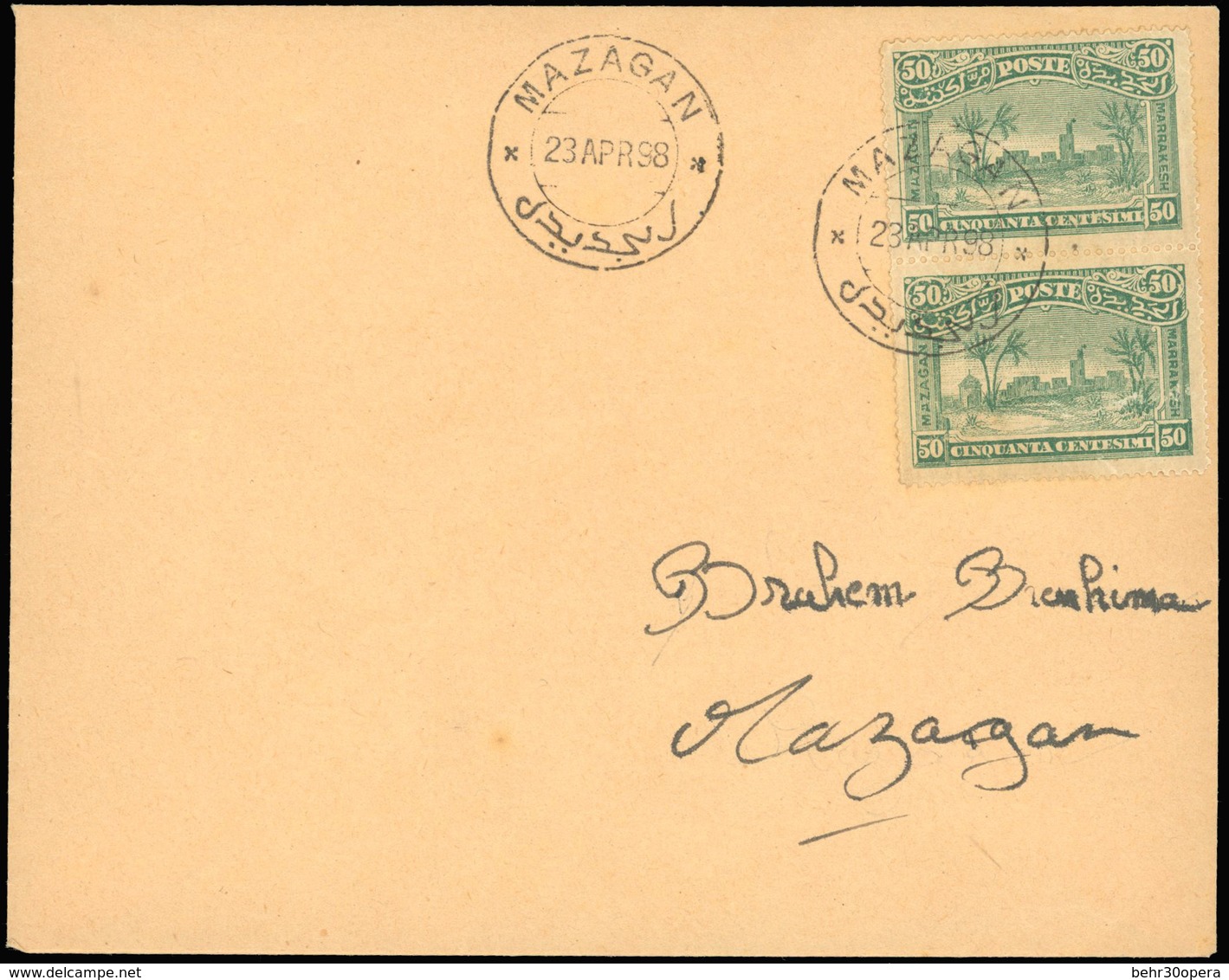 O N°56 - Paire Du 50c. Vert Obl. S/lettre Locale Frappée Du CàD De MAZAGAN Du 23 Avril 1898. SUP. - Andere & Zonder Classificatie