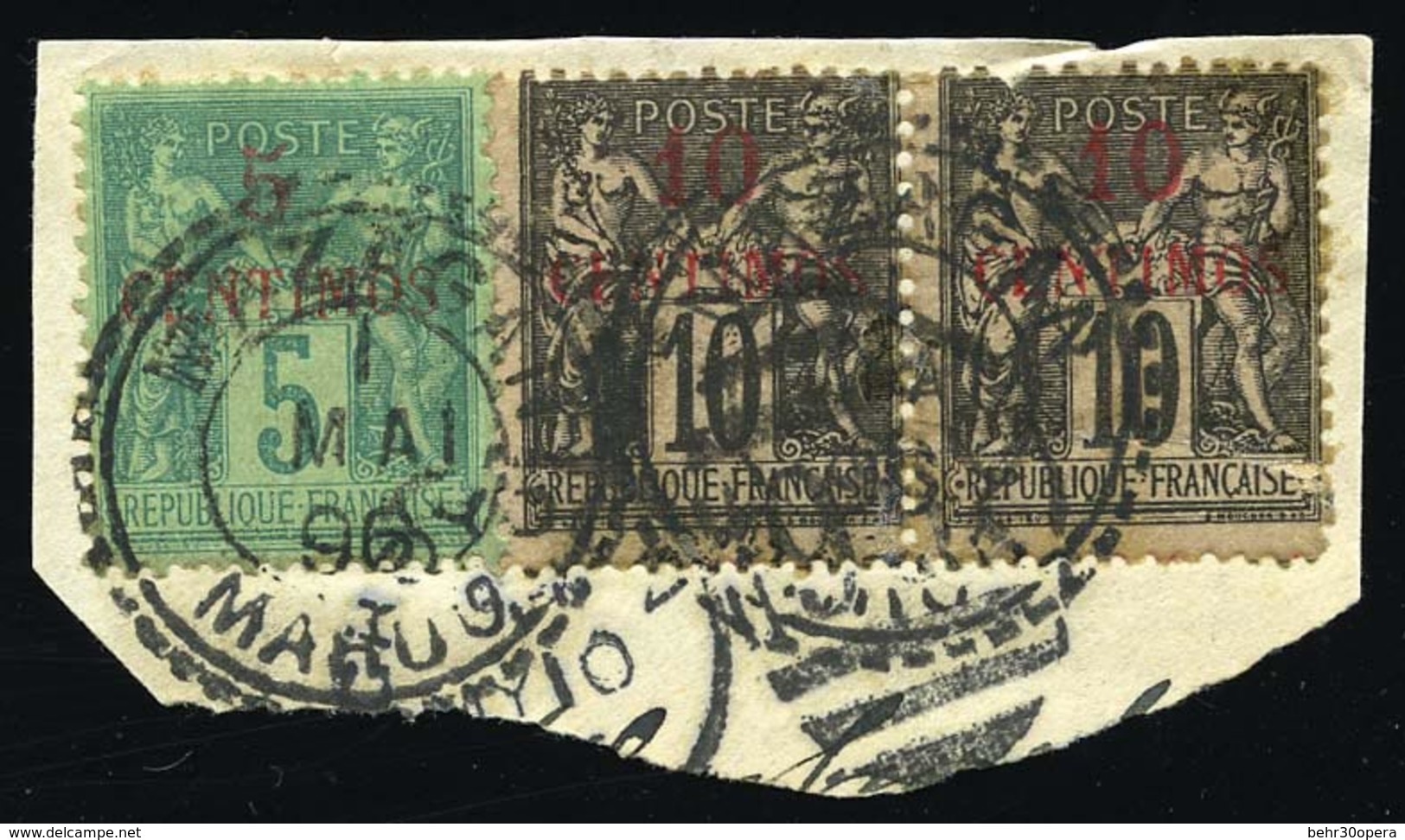 O N°1+ 3A X 2 - 5c. S/5c. Vert + Paire Du 10c. Noir S/lilas, Type II, Obl. S/fragment Frappé Du CàD De MAZAGAN + Cachet  - Autres & Non Classés