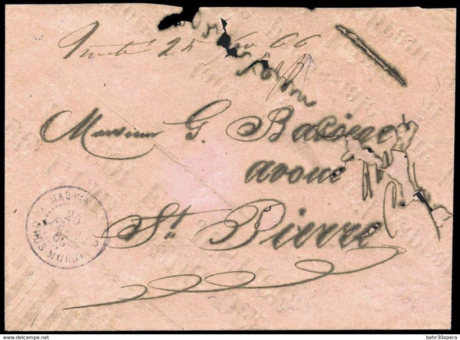 O Lettre Frappée De La Marque Manuscrite Trinité Du 24 Janvier 66 à Destination De ST PIERRE Par Gros Morne Le 25. B. R. - Otros & Sin Clasificación