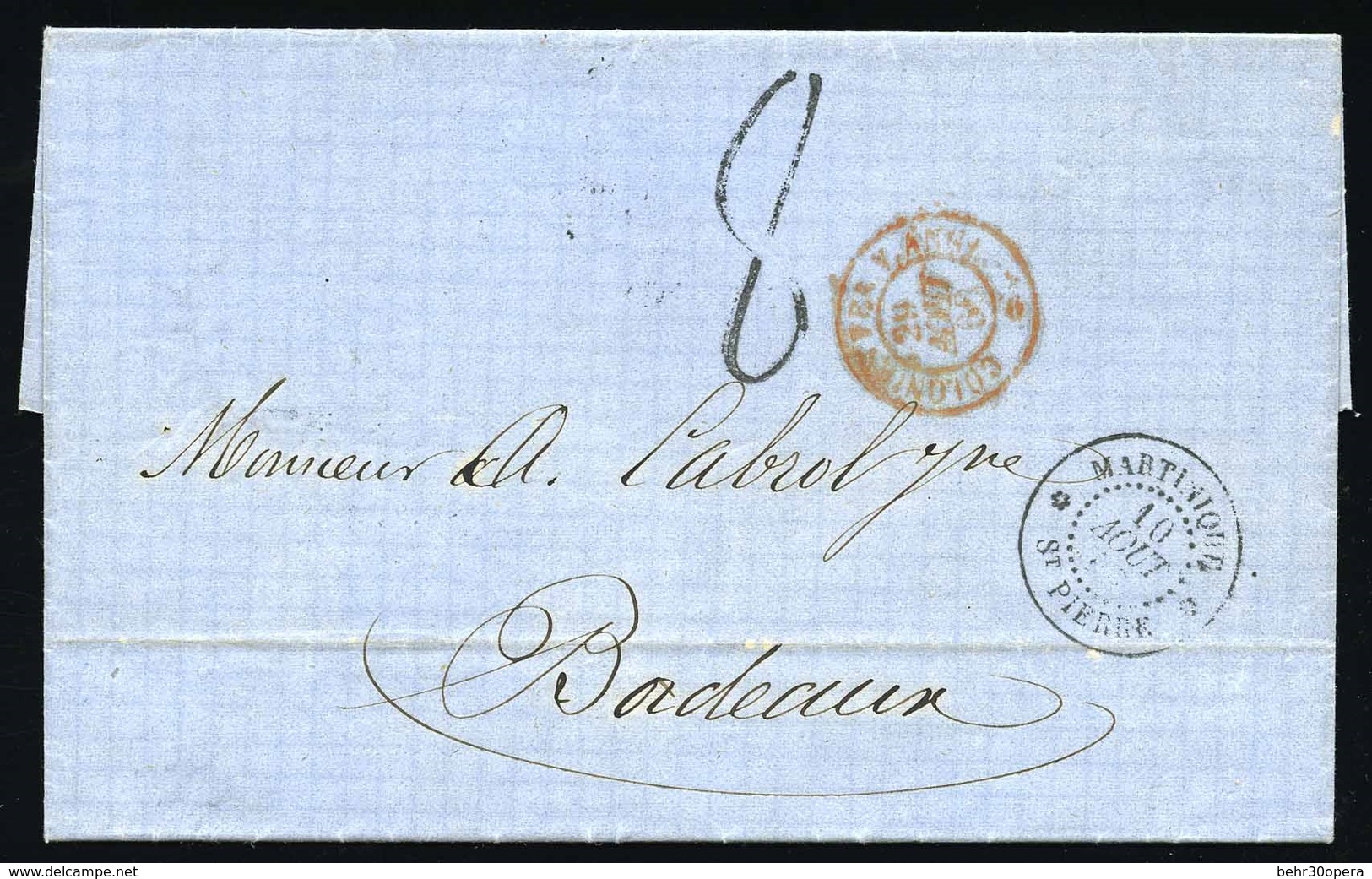 O Lettre De ST-PIERRE - MARTINIQUE Du 10 Aôut 1866 à Destination De BORDEAUX. Taxe Manuscrite De 8 Décimes. B. - Other & Unclassified
