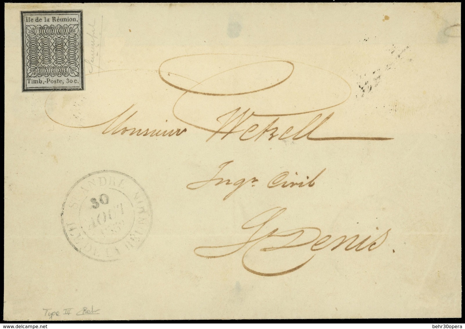 O N°2 - 30c. Noir S/azuré, Type I, S/lettre Frappée Du CàD De ST-ANDRE Du 30 Août 1852 à Destination De ST-DENIS. Arrivé - Other & Unclassified