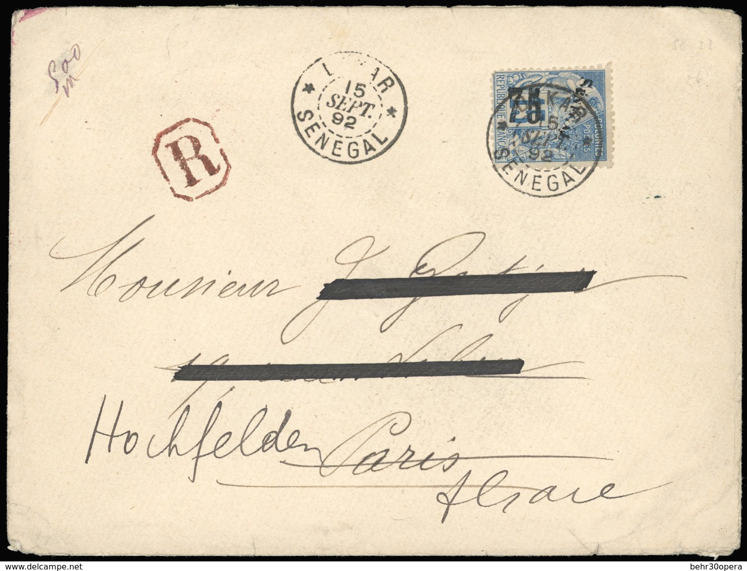 O N°6 - 75 S/15c. Bleu Obl. S/lettre Recommandée Frappée Du CàD De DAKAR - SENEGAL Du 15 Septembre 1892 à Destination De - Sonstige & Ohne Zuordnung