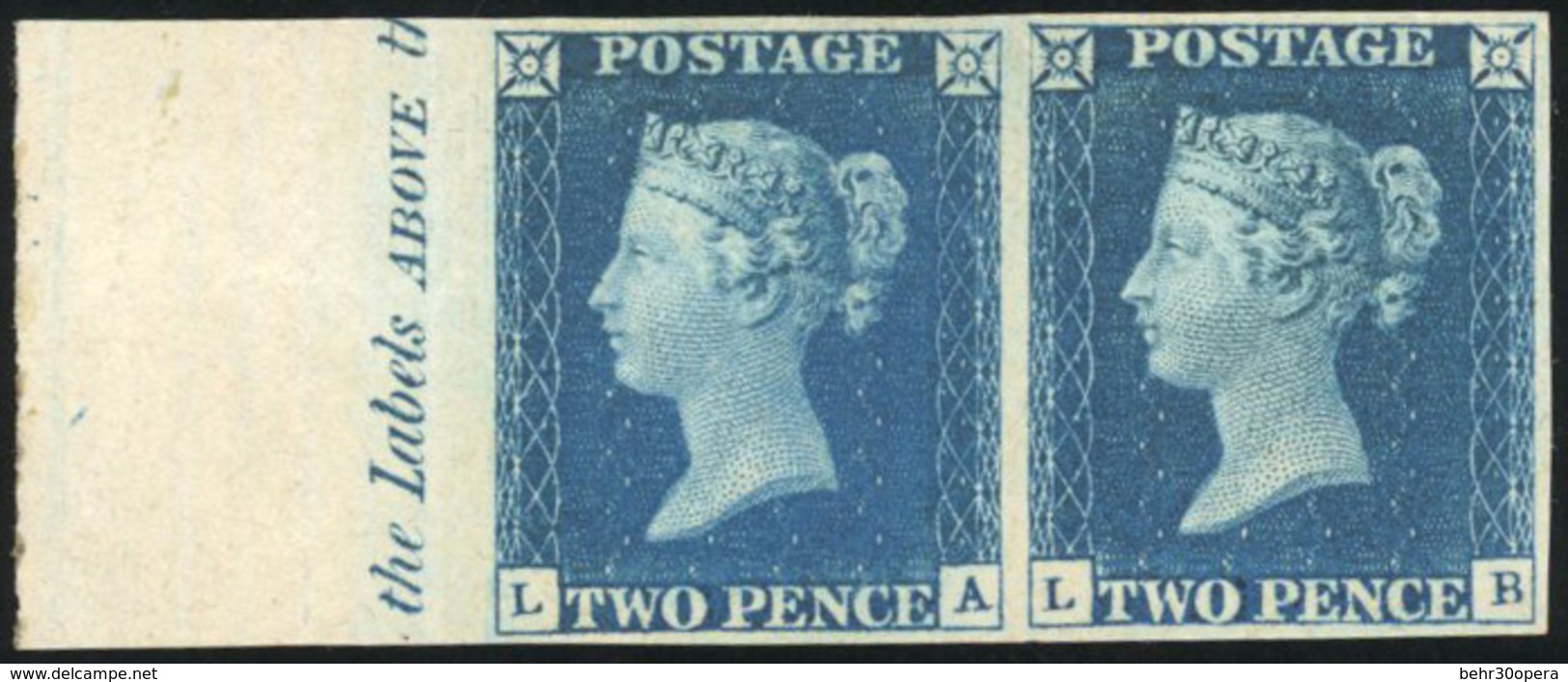 * N°2 - 1840. 2d. Blue. Plate 1. Lettered LA-LB. Mint Part Margin Inscriptional Pair From The Left Of The Sheet. - Otros & Sin Clasificación