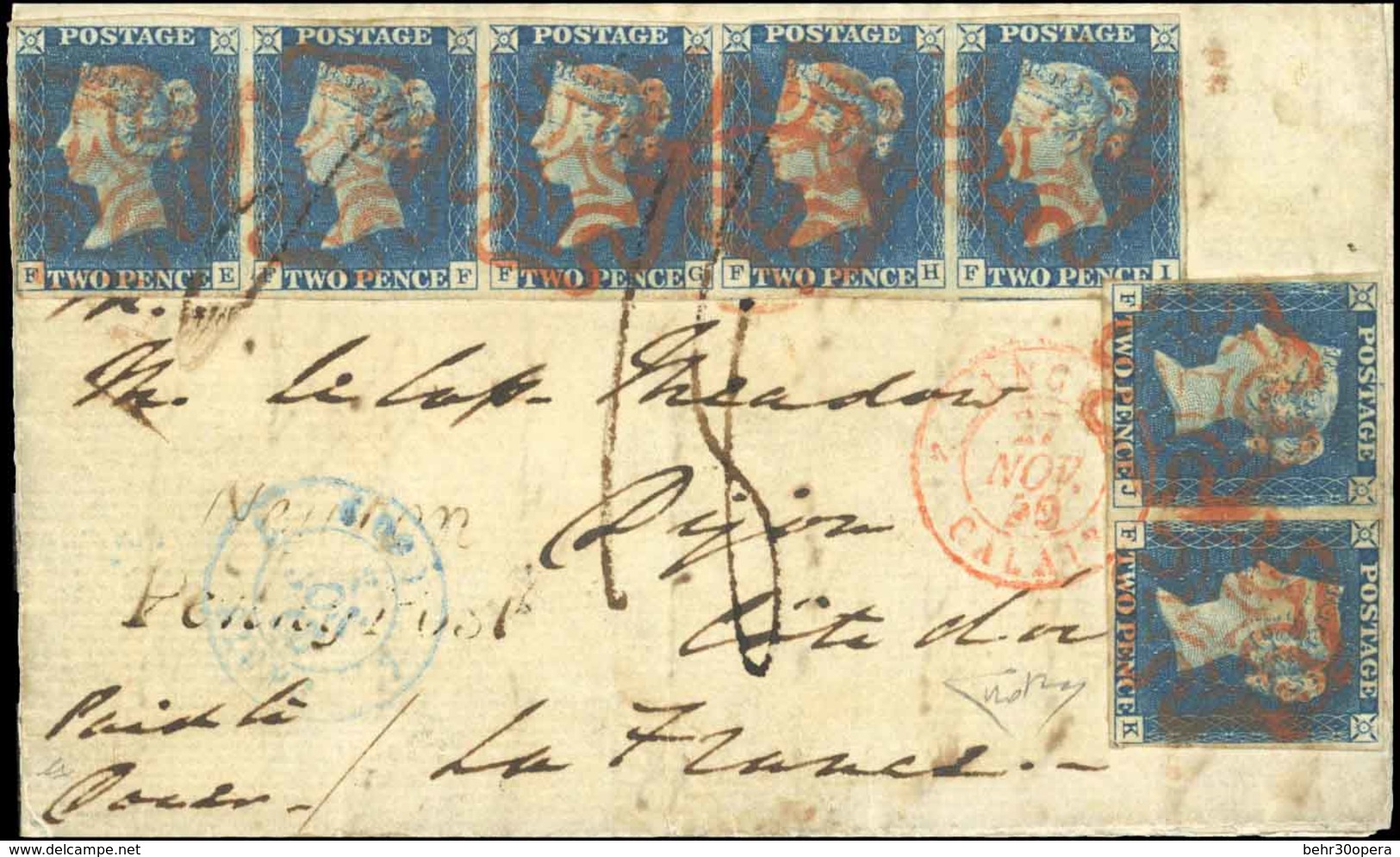 O N°2 - 1840. Entire Letter Ro Dijon. Franked With Horizontal Strip Of 5 And Pair 2d. Blue. Plate 1. Lettered FE-FI, FJ- - Autres & Non Classés