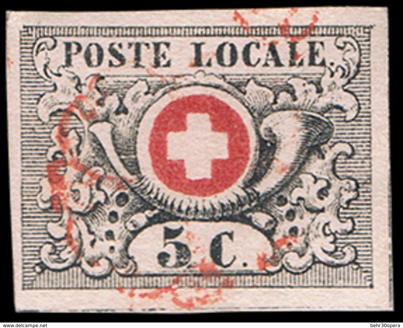 O N°6 - 5c. ''de Vaud'' Obl. Rosette Rouge De Genève AW3. Très Belle Marges (Zst#10). SUP. - Autres & Non Classés