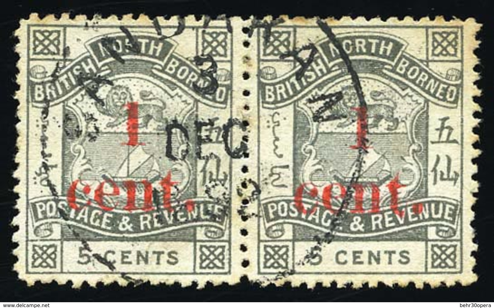 O N°50 - 1c. Sur 5c. Paire Obl. CàD. SAN DAKAN - 3 DECEMBRE 1892. TB. - North Borneo (...-1963)