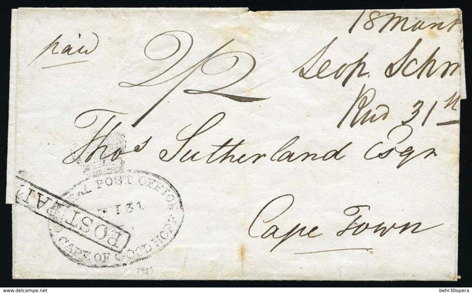 O Marque Postale De East Rich River 1836, Vers CAPE TOWN. Cachet Avec Couronne. B. - Kaap De Goede Hoop (1853-1904)
