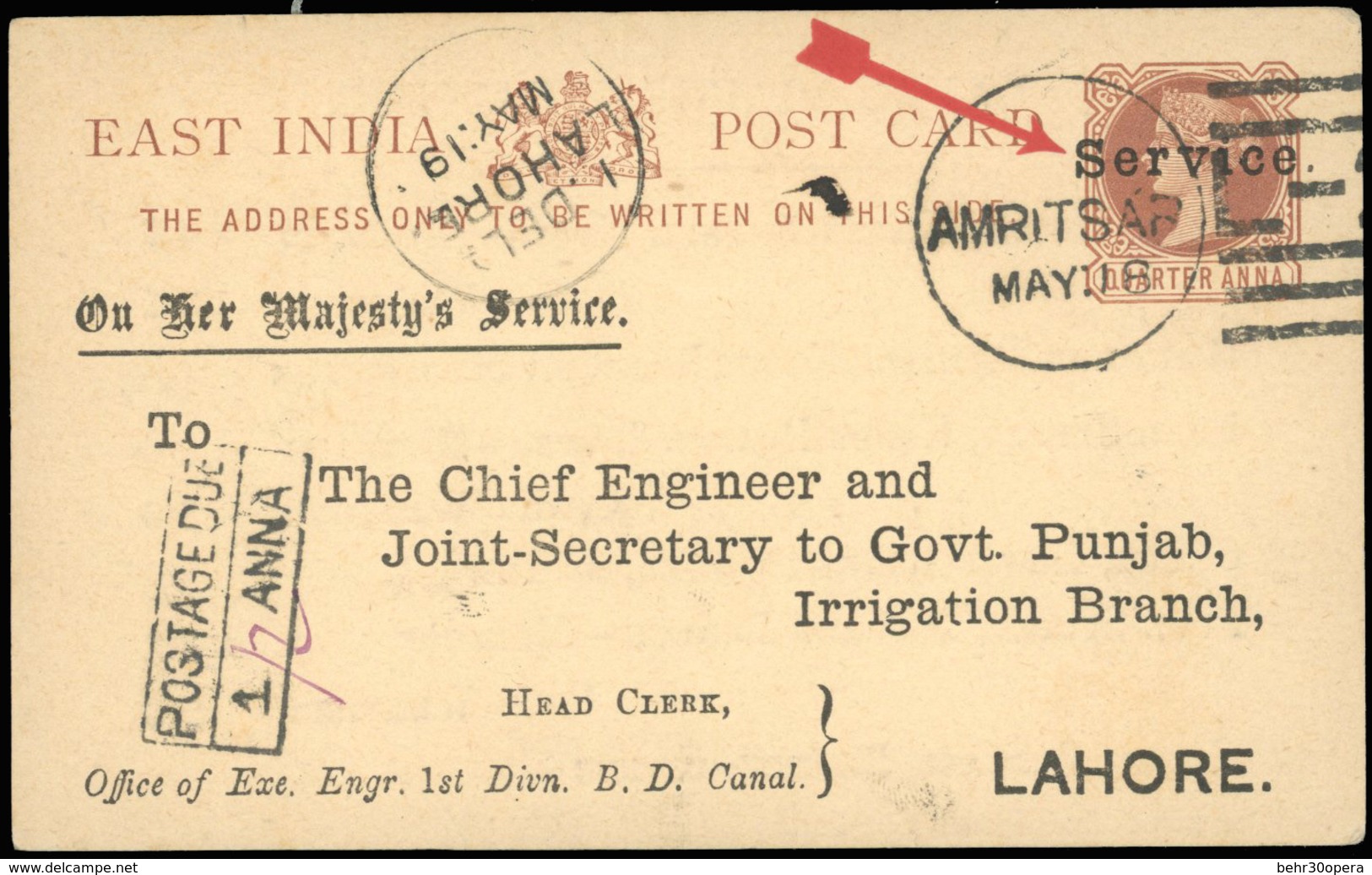 O Entier Postal Du 1/4 Anna Brun, Surcharge ''SERVICE'', De ''On Her Majesty's Service'' Obl. MAY 1919 à Destination De  - Otros & Sin Clasificación