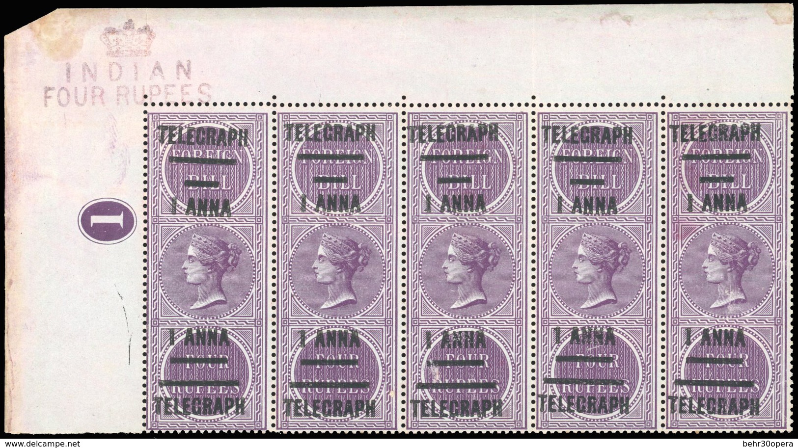 (*) N°31 - 1a. S/4r. Violet. (SG#T66 - Cote 160£). Bande De 5. Coin De Feuille. TB. - Autres & Non Classés