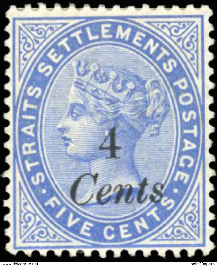 * N°59a - STRAITS SETTLEMENTS. 4c. Sur 5c. Bleu. Surcharge Noire. (SG#72 - C.3500£). SUP. - Malacca