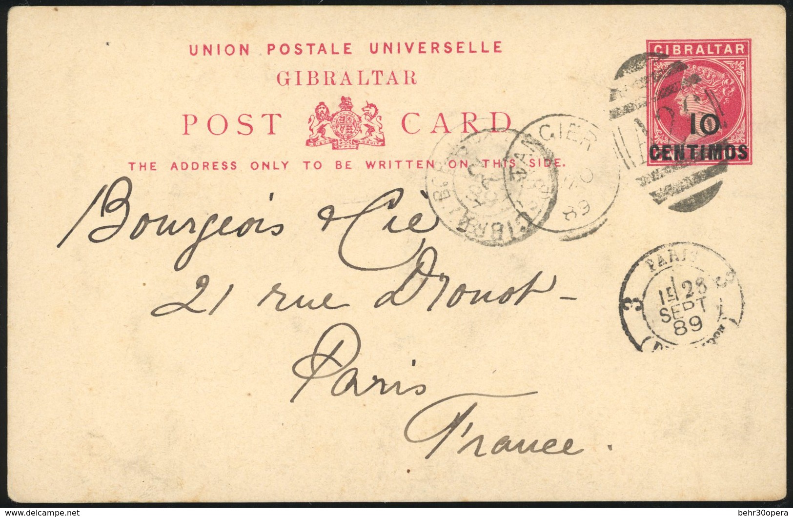 O Entier Postal De Gibraltar 10c. Rouge Obl. ''A26'' Frappé Du CàD De TANGIER Du SE 20 89 à Destination De PARIS. Arrivé - Bureaux Au Maroc / Tanger (...-1958)